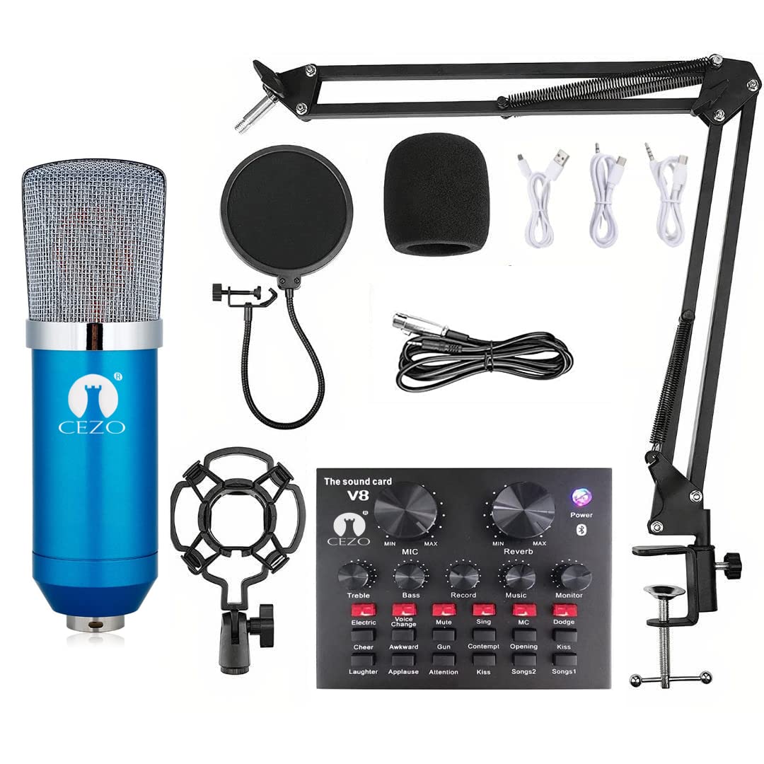 Cezo Bm 800 Condenser Microphone Kit Set With V8 Sound Card, Boom Arm Stand, Pop Shield Recording Studio Equipment Full Set With