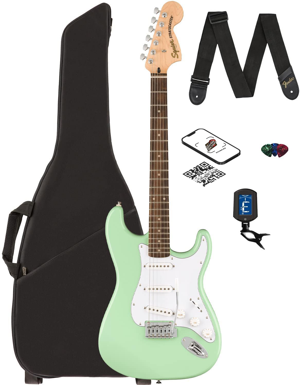 Fender Squier Affinity Stratocaster Limited Edition - Surf Green Bundle With Gig Bag, Tuner, Strap, Picks, And Austin Bazaar Ins