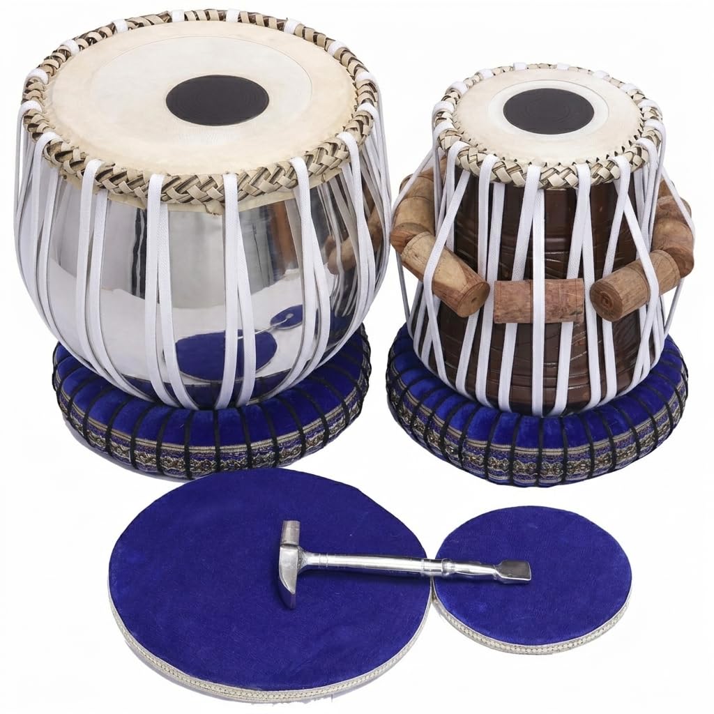 Fateh Tabla Set With Chrome Steel Bayan And Wooden Dayan, Includes Cushion Rings, Hammer, And Carry Bag