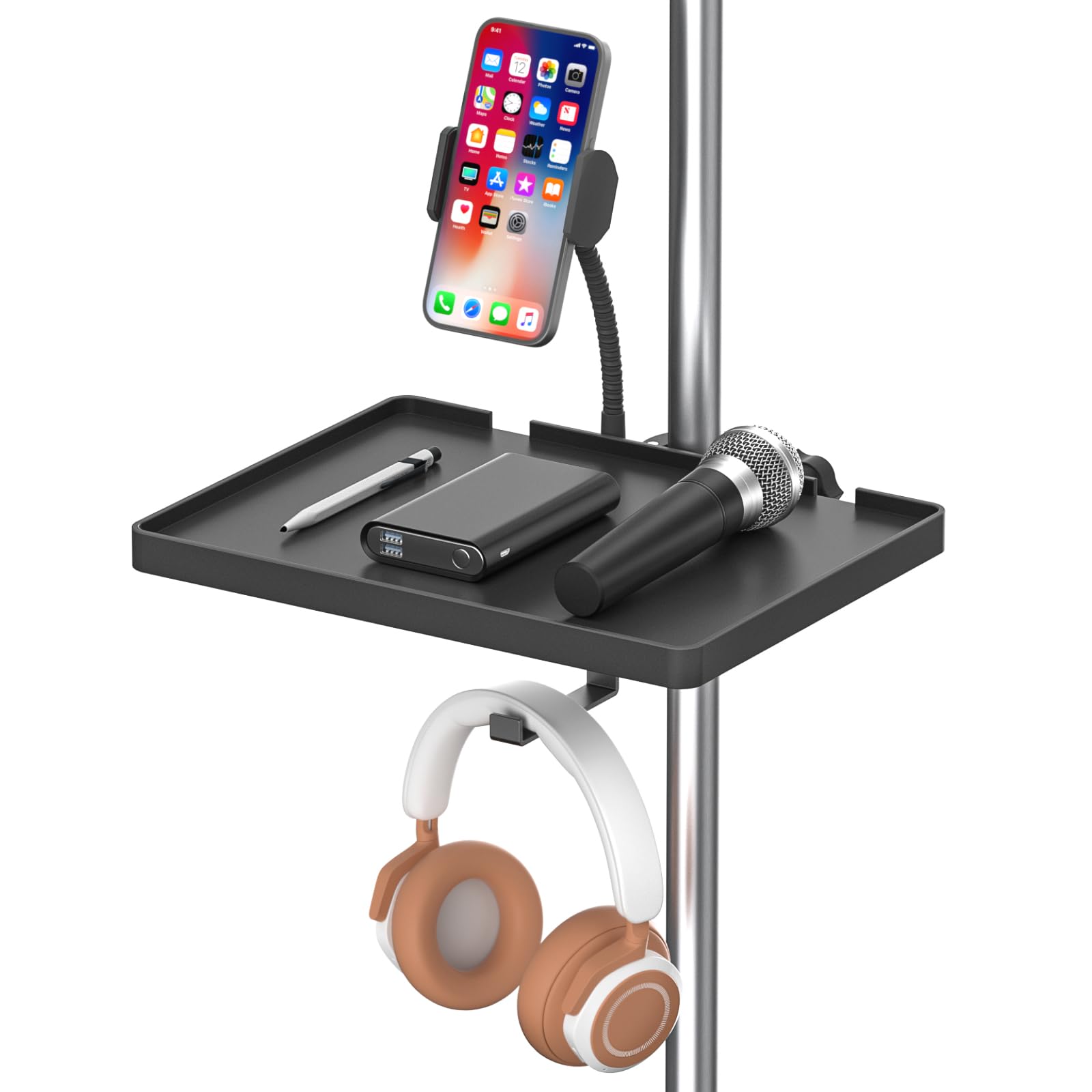 Universal Microphone Stand Tray With Phone Holder, Adjustable Mic Stand Tray Shelf Clamp On Utility Shelf - 8.7'' X 6.5'' Music