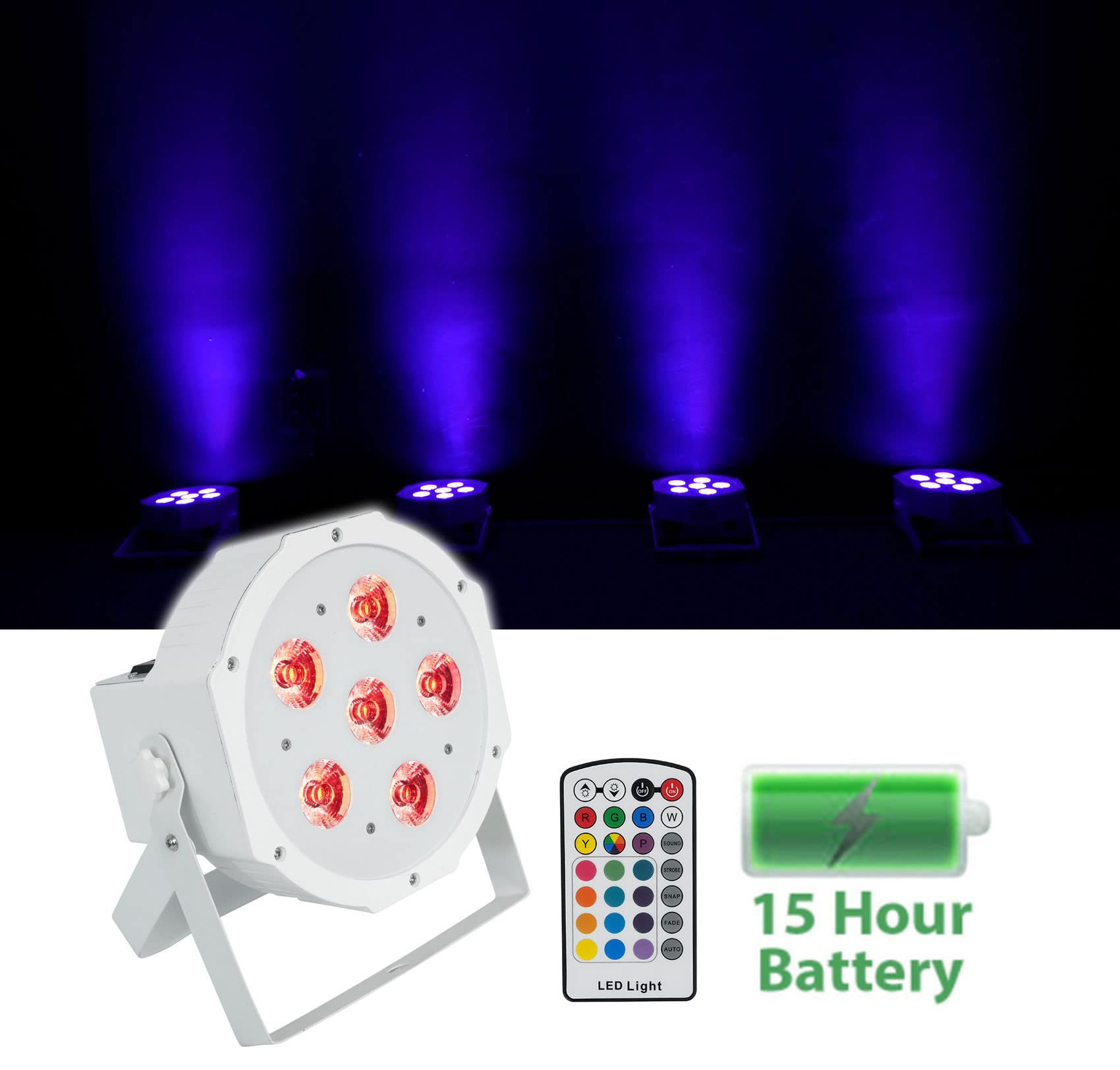 Rockville Battery PAR 6RF White RGBWA+UV Wireless DMX LED Wash Light+RF Remote