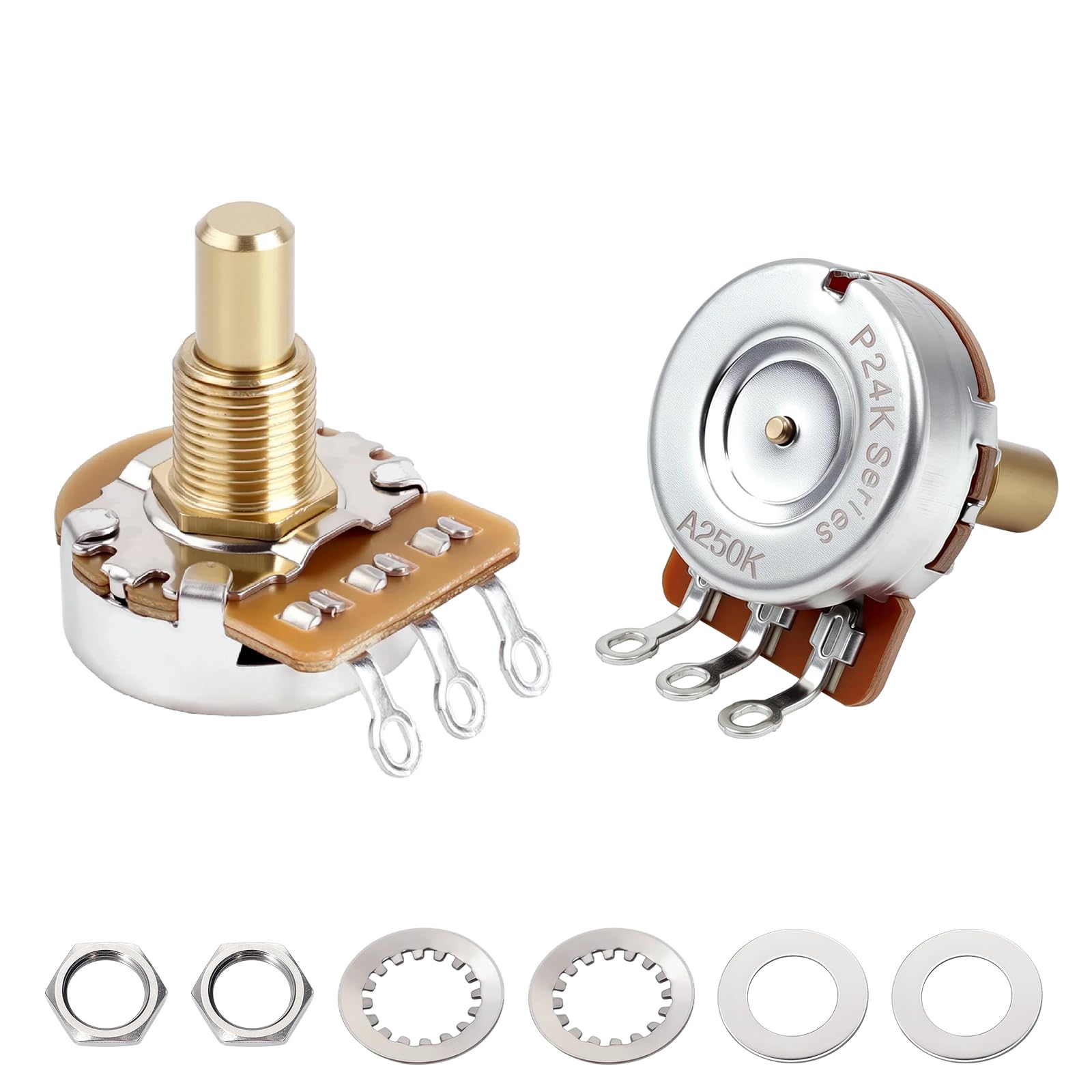 Banworks Brass A250K Imperial 3/8 Thread Full Sized Solid Shaft Pots Long Shaft (19mm Length) Audio Taper Electric Guitar Potent