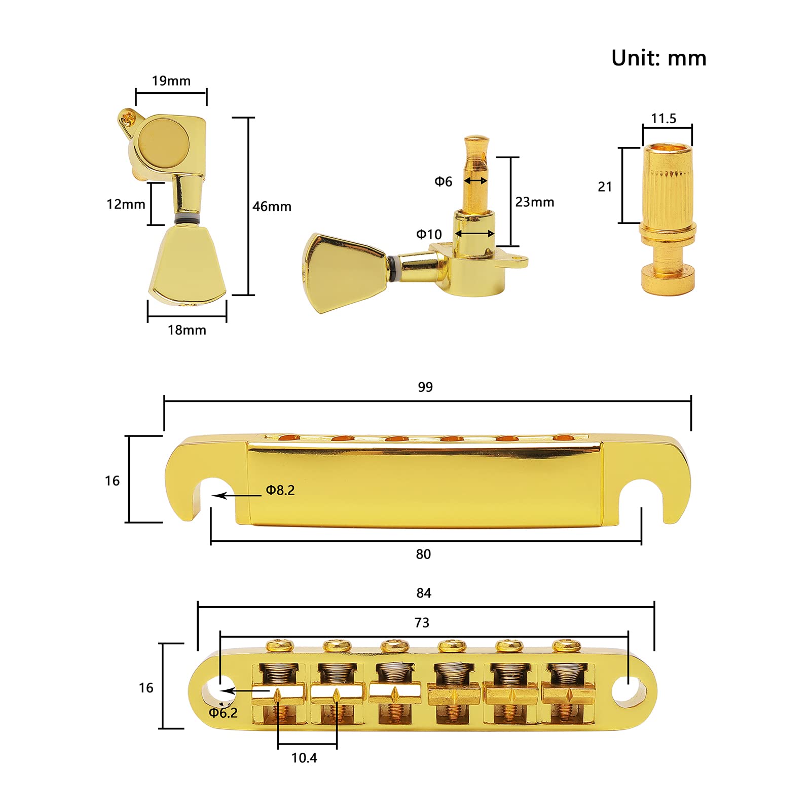 Unxuey Combo Kits Gold 6 String Guitar Saddle Bridge Tune-O-Matic Tailpiece and 3L3R Sealed Gear Tuning Pegs Keys Machine Head f