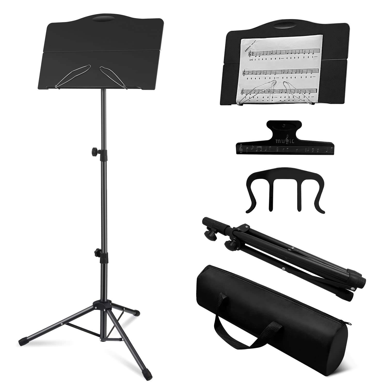 OUKMIC Music Stand, Folding Sheet Music Stand with Carrying Bag, Portable and Lightweight Music Book Stand with Instrument Book 