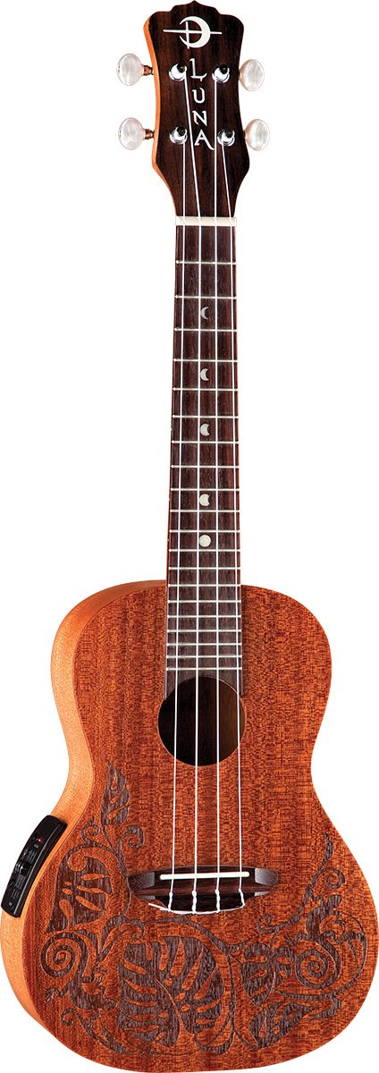 Luna Moo Mahogany Acoustic/Electric Concert Ukulele with Lizard Graphic & Gig Bag, Satin Natural