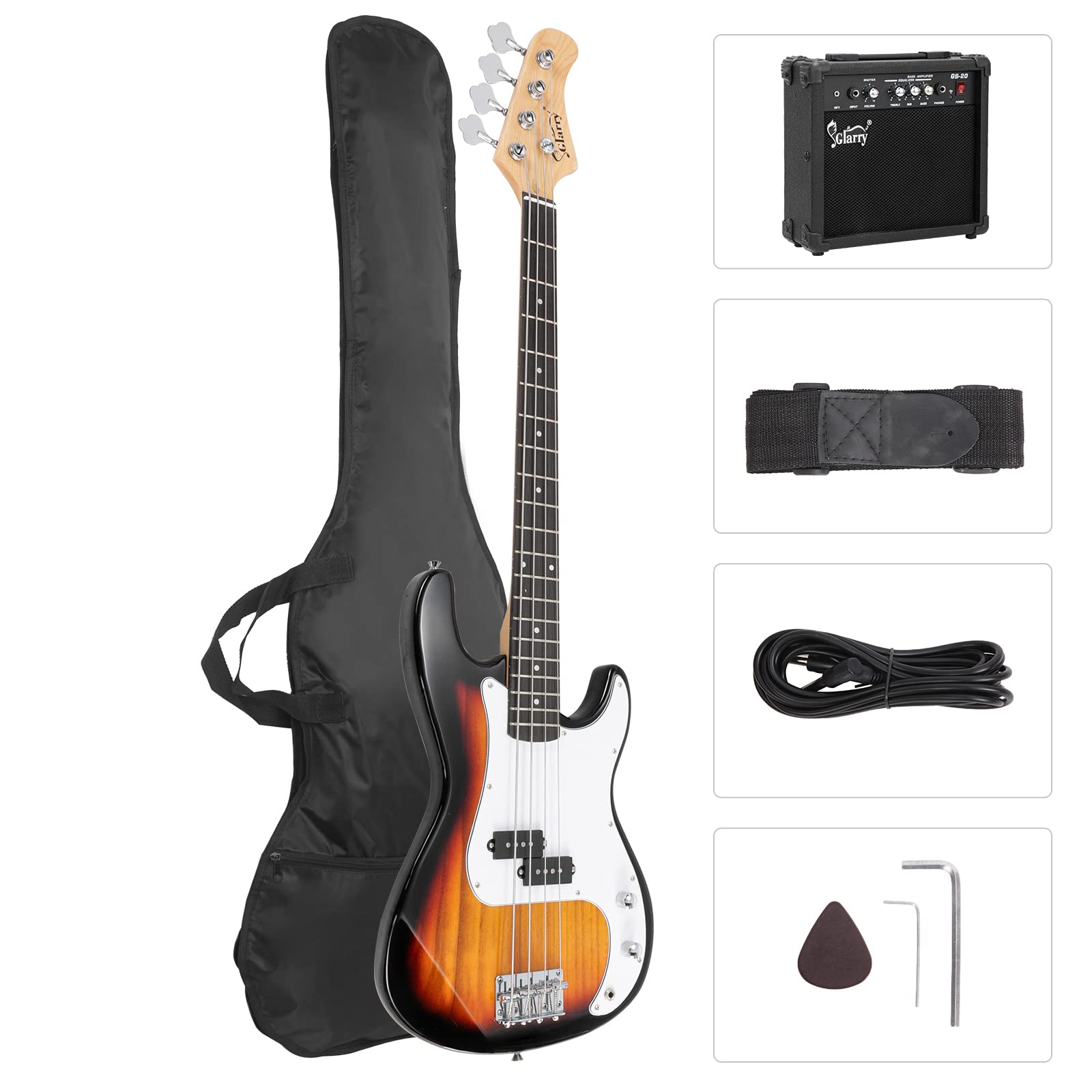 Glarry Full Size Electric Bass Guitar With 20W Amp, 4 String Beginner Starter Kit With Accessories Including Cable, Strap, Bag F