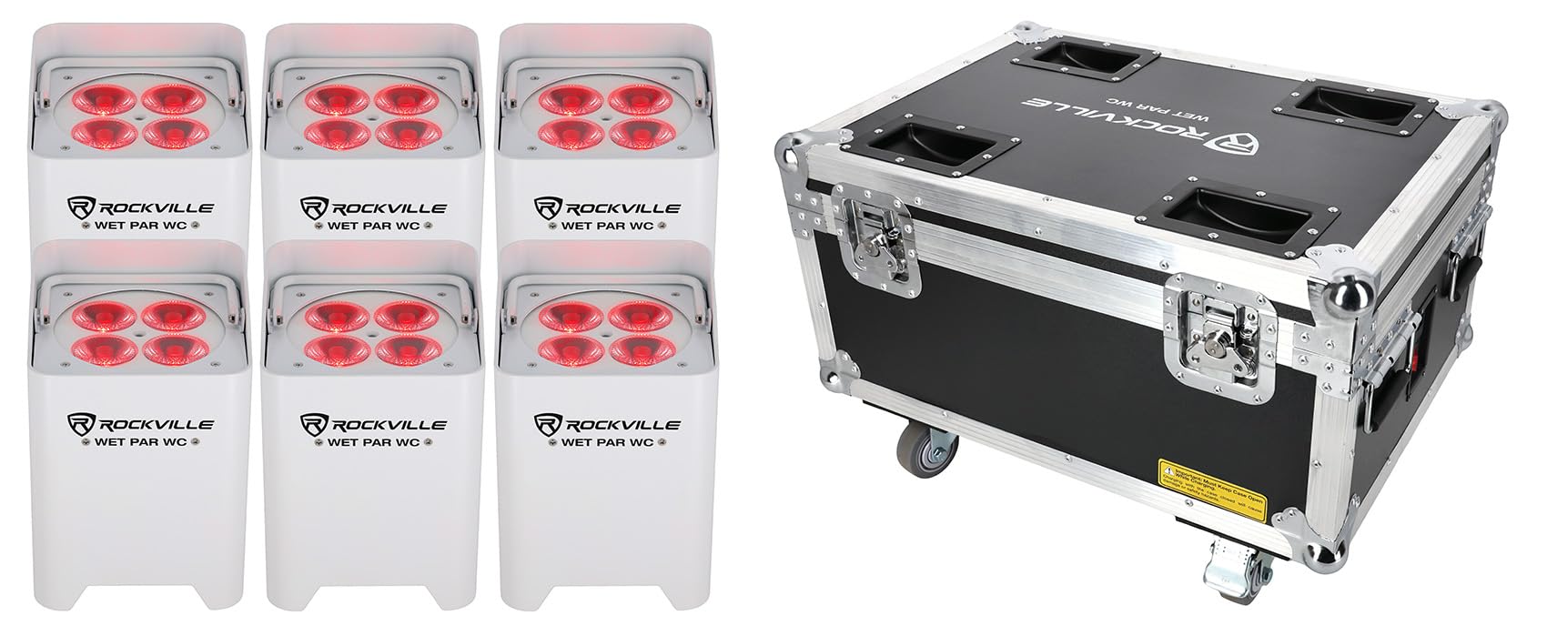 Rockville Wet PAR WC Package White 18W RGBWA+UV Par Wash Lights, Charging Case, IP65 Water-Resistant, App-Controlled, for DJ Eve