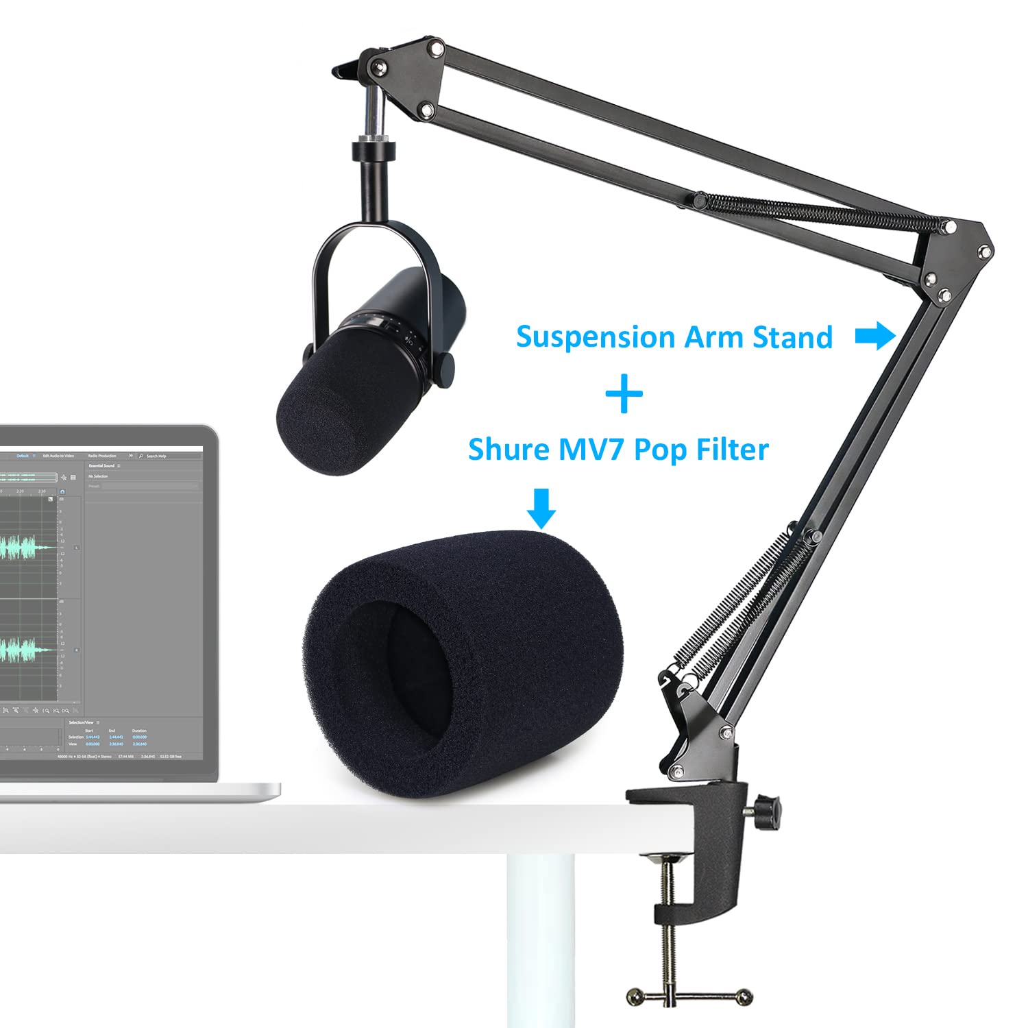 SUNMON Shure MV7 Boom Arm Mic Stand with Pop Filter, Adjustable Suspension Boom Scissor Arm Stand with Pop Filter Compatible wit