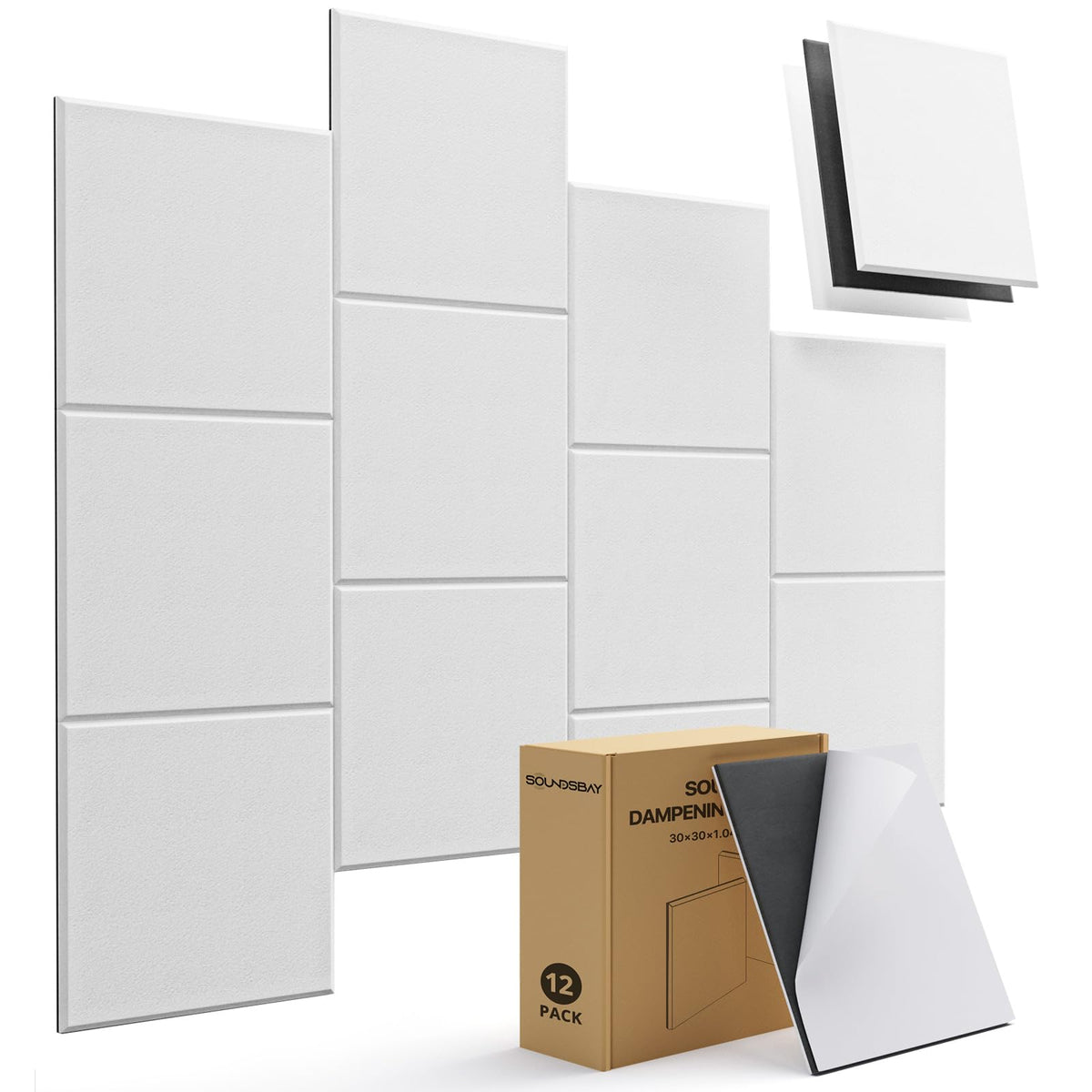 Soundproof Wall Panels, 12 Pack Mass Loaded Vinyl Sound Proof Barrier Acoustic Panels Self-Adhesive, 12''X12''X0.4'' Square Soun