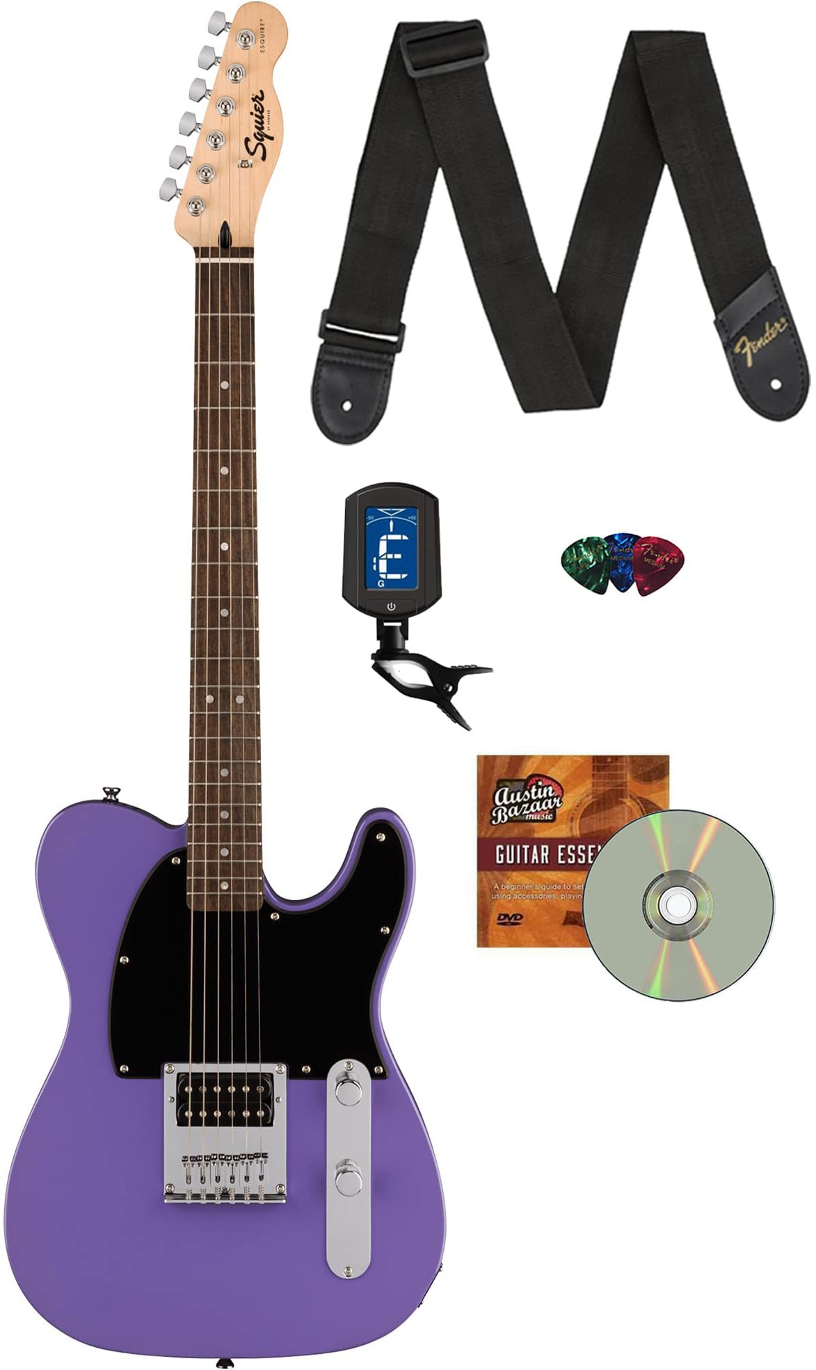 Fender Squier Sonic Esquire, Laurel Fingerboard, H Electric Guitar Bundle With Fender Tuner, Guitar Strap, Picks, And Austin Baz