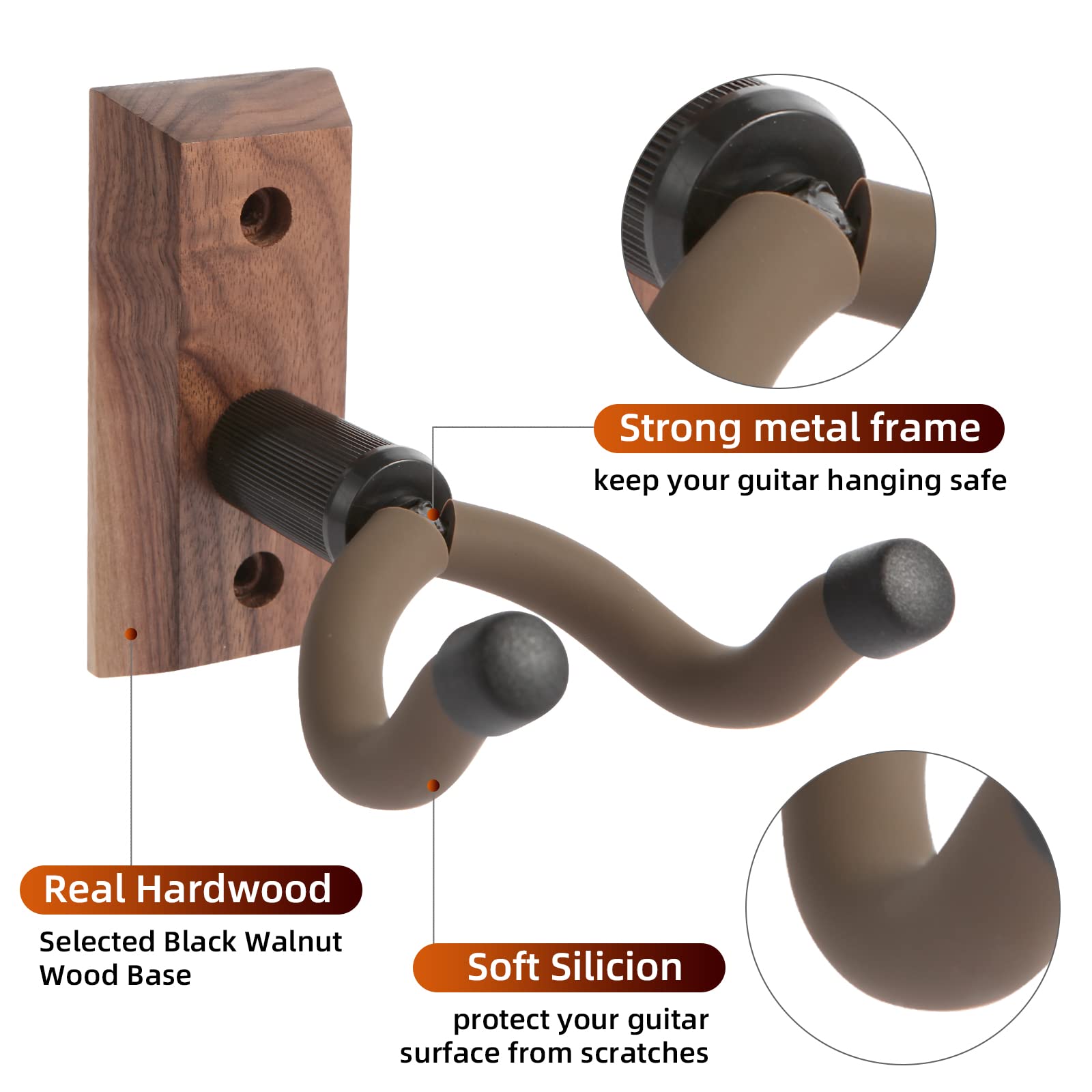 Guitar Wall Mount, Guitar Wall Hanger hook Bracket Holder for Acoustic and Electric Guitars Bass Banjo Mandolin, Black Walnut Wo