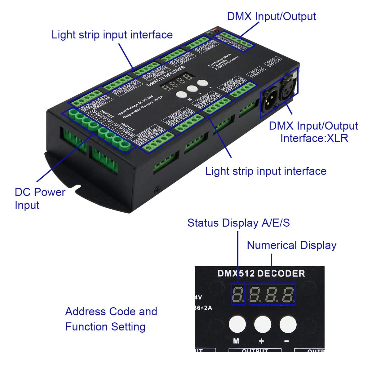 AKEPO 36CH DMX RGBW LED Digital Display Decoder, DMX512 Controller for RGBW LED Lights DC9-24V 2A/CH with 14 Built-in Effects(36