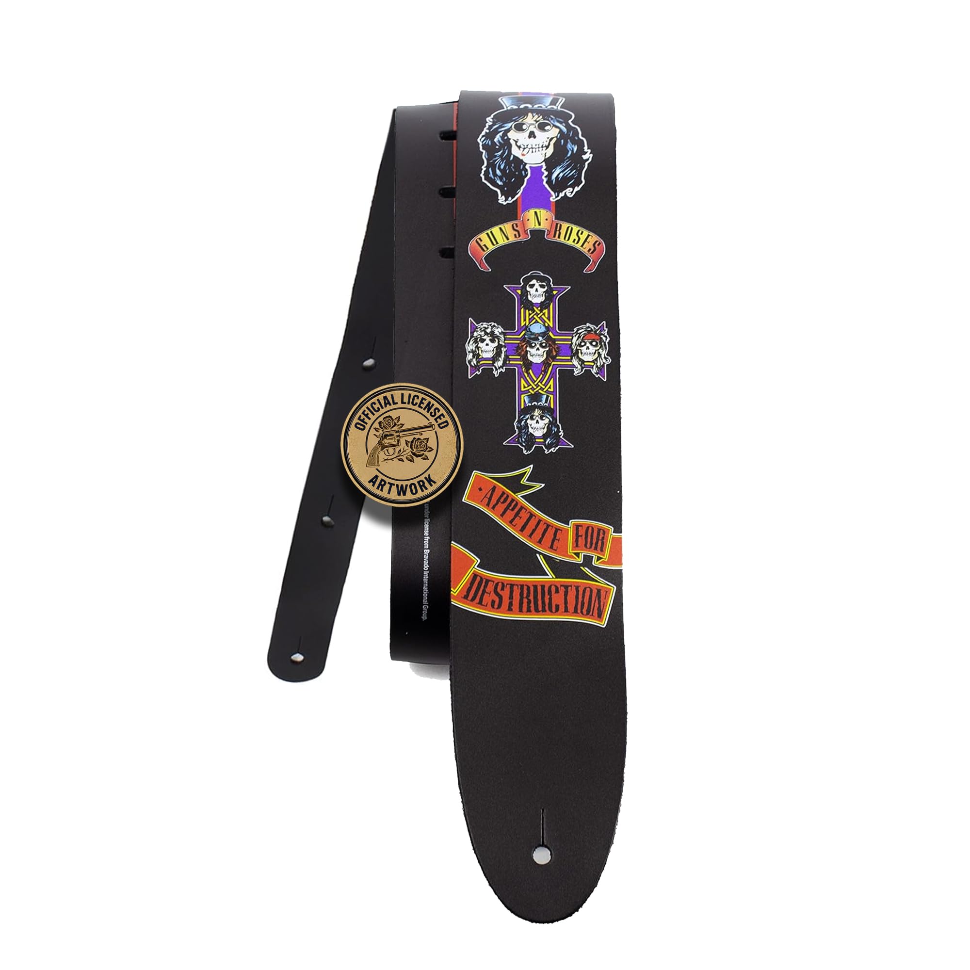 Perris Leathers, 42.5 to 56, Black, Licensed Guns N' Roses Leather Guitar Strap - Adjustable Straps, Compatible with All Button 
