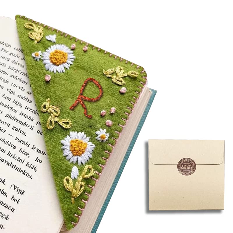 Personalized Hand Embroidered Corner Bookmark,Felt Triangle Page Stitched Corner Handmade Bookmark,Unique Cute Flower Letter Emb