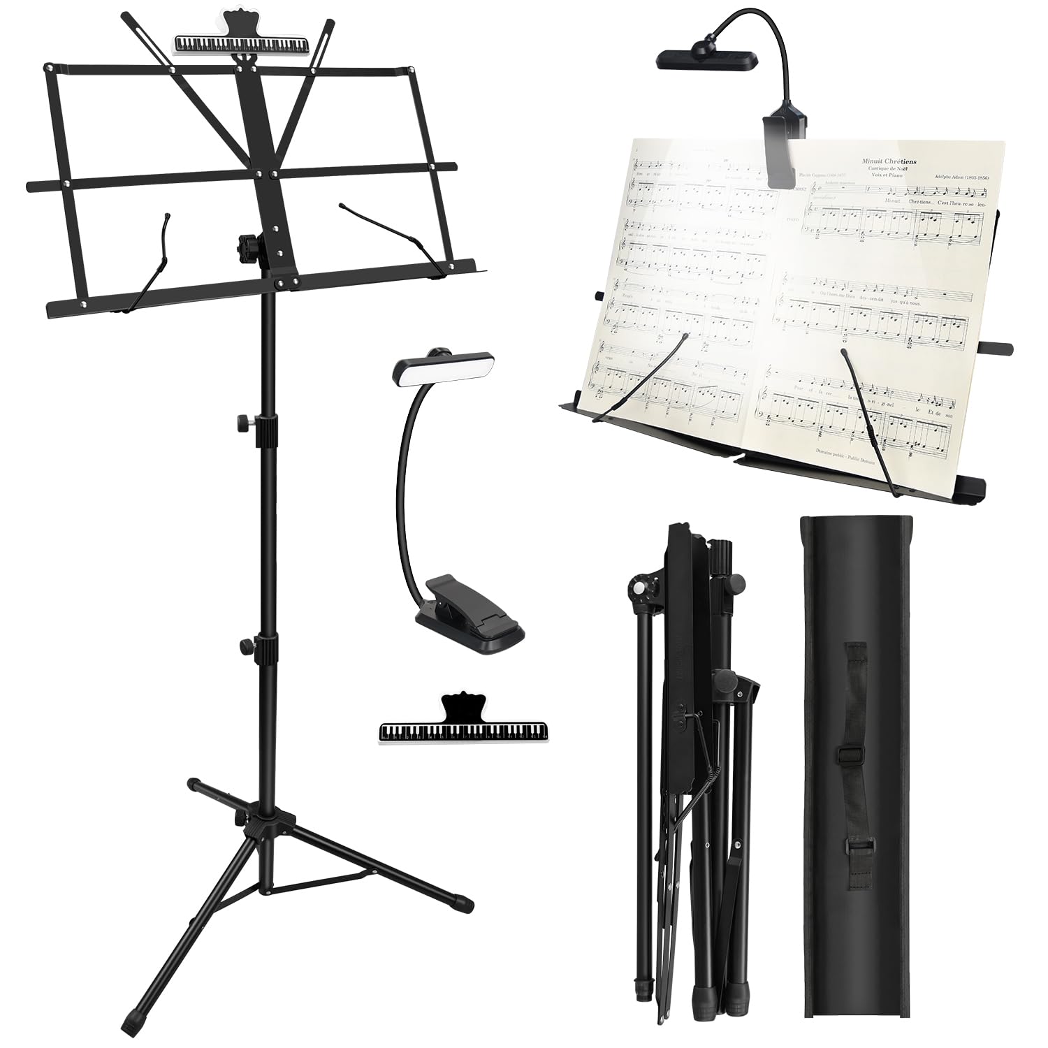 Music Stand with Light, Lightweight Portable Adjustable Desktop Book Stand with Music Sheet Clip Holder & Carrying Bag