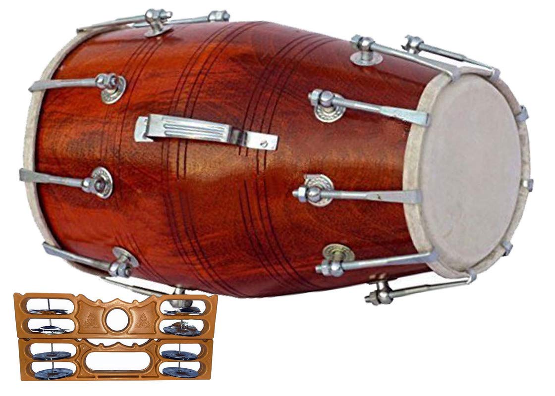 Gt Manufacture Wooden Nut & Bold Goat Skin Dholak With Khartak & Beautyfull Shiny Colour03(Brown)