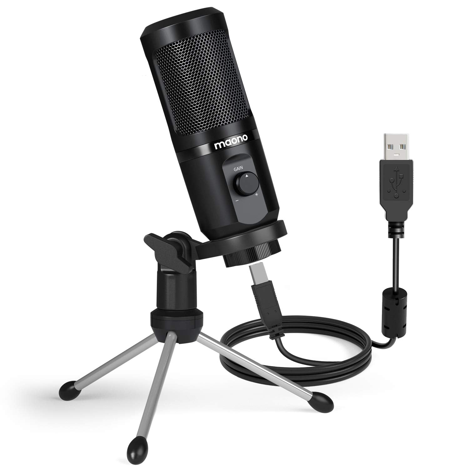 MAONO AU-PM461TR USB Condenser Unidirectional Mic for PC and Singing, Recording Microphone with Mic Gain for Gaming, Podcast, St
