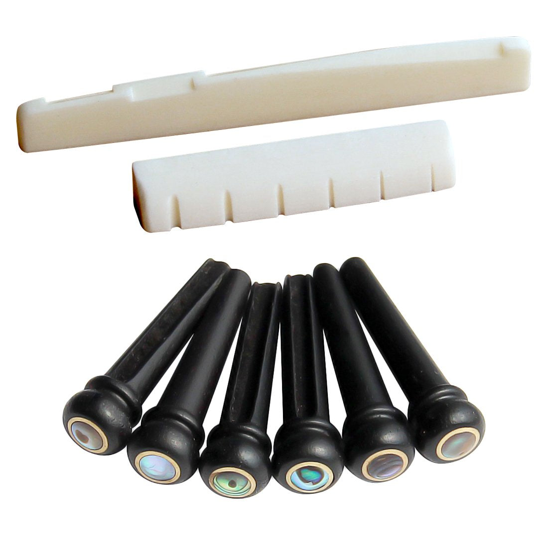 Blisstime 6 String Acoustic Guitar Bone Bridge Saddle And Nut And 6Pcs Ebony Guitar Bridge Pins
