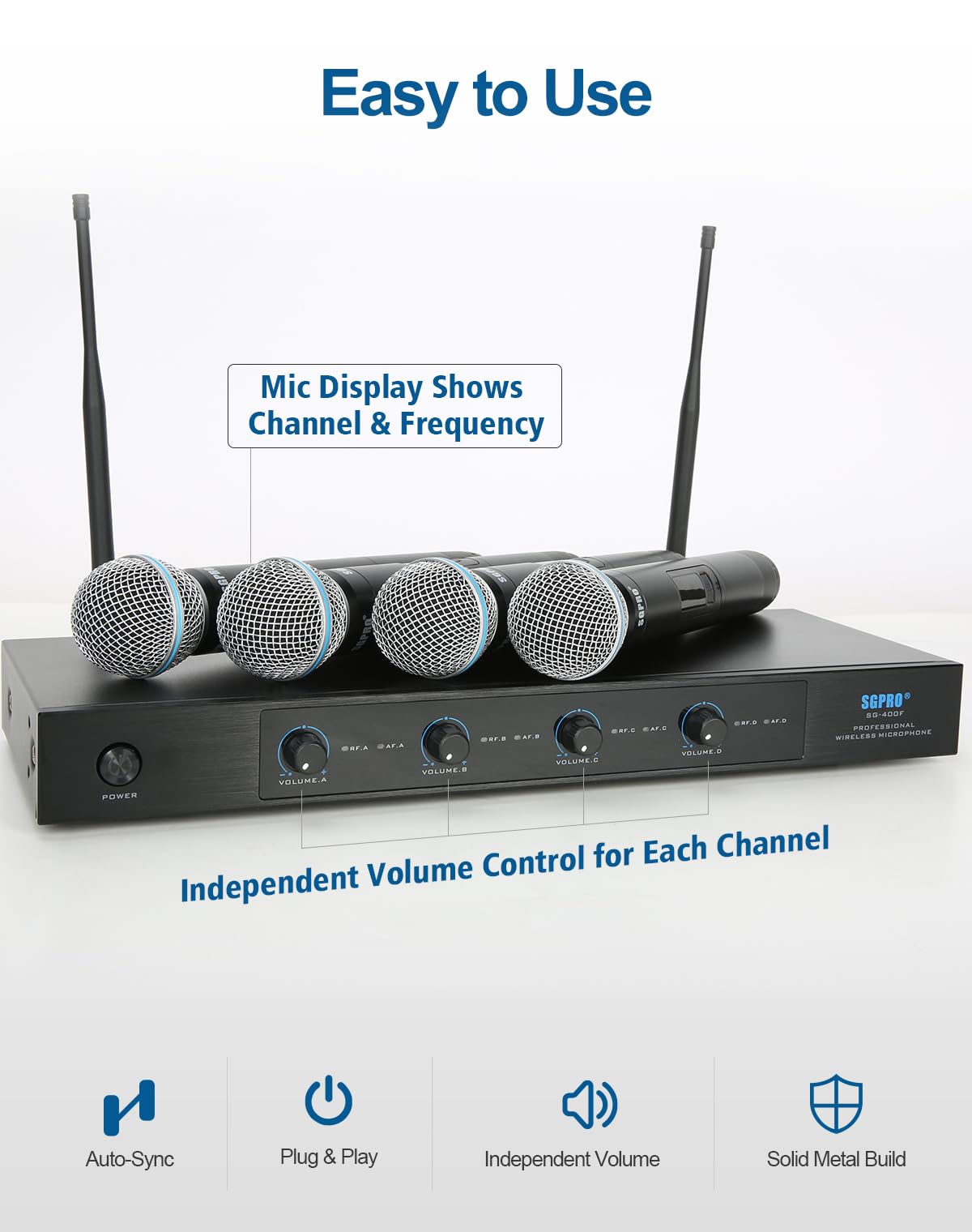 SGPRO 4-Channel Wireless Microphone System - 250Ft Range, Metal Mics & Receiver, Fixed Frequency Cordless Microphones Ideal for
