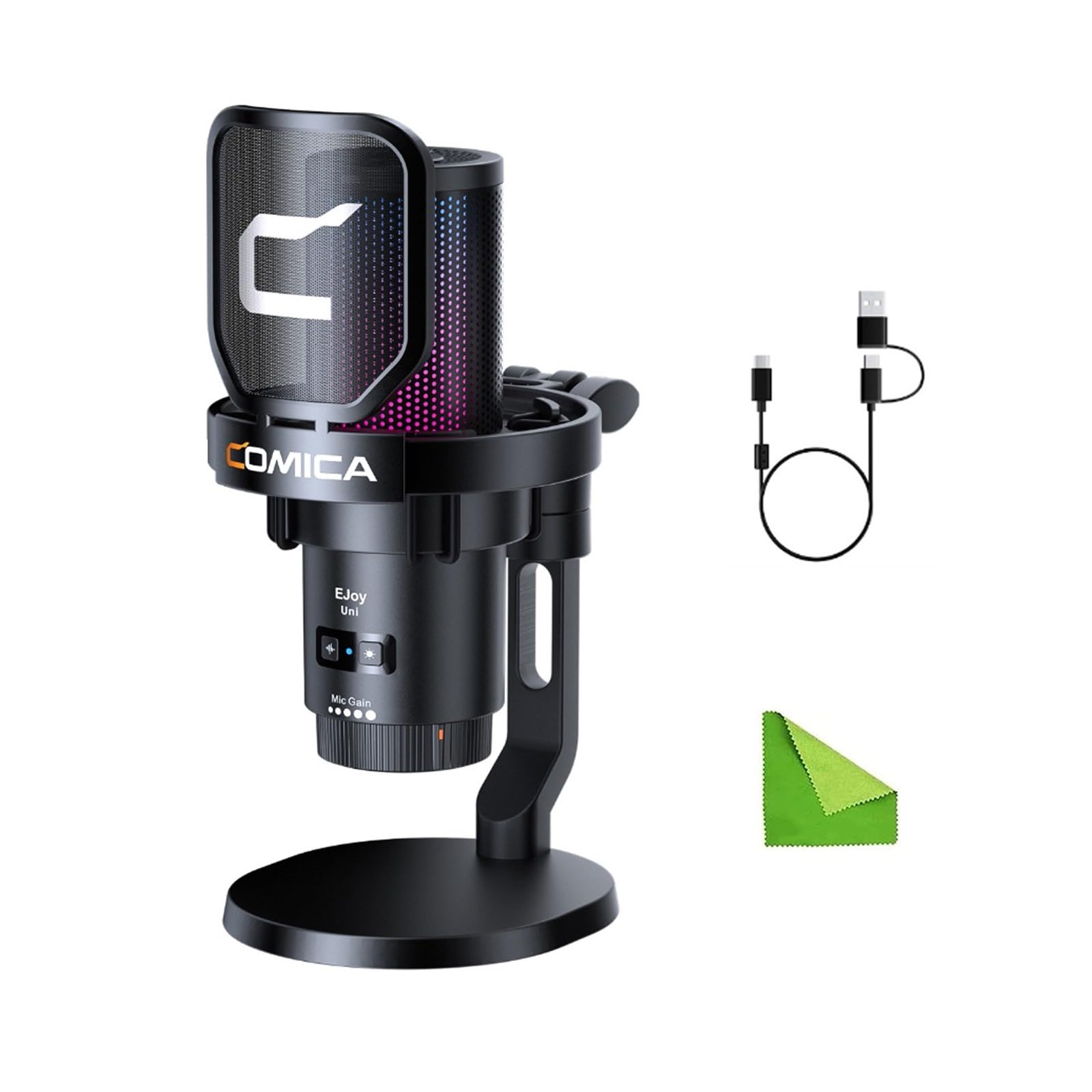 COMICA EJoy Uni (D)-Black Microphone for Computer and Smartphone,RGB Cardioid Condenser Gaming Mic for Podcasting,Streaming,Reco