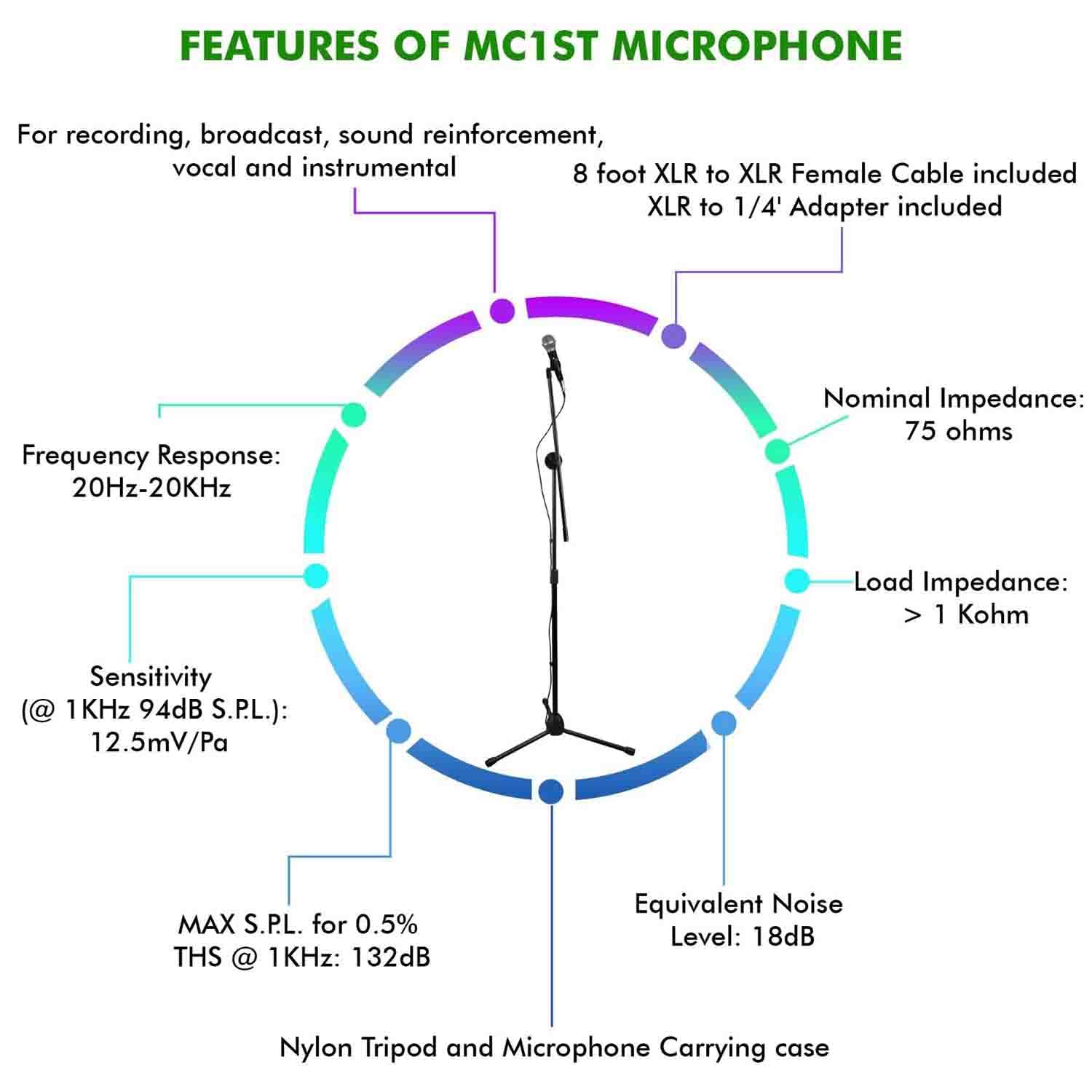 Technical Pro MC1ST Microphone, Tripod Stand, Boom, Carrying Bag, Cable and Adapter Set