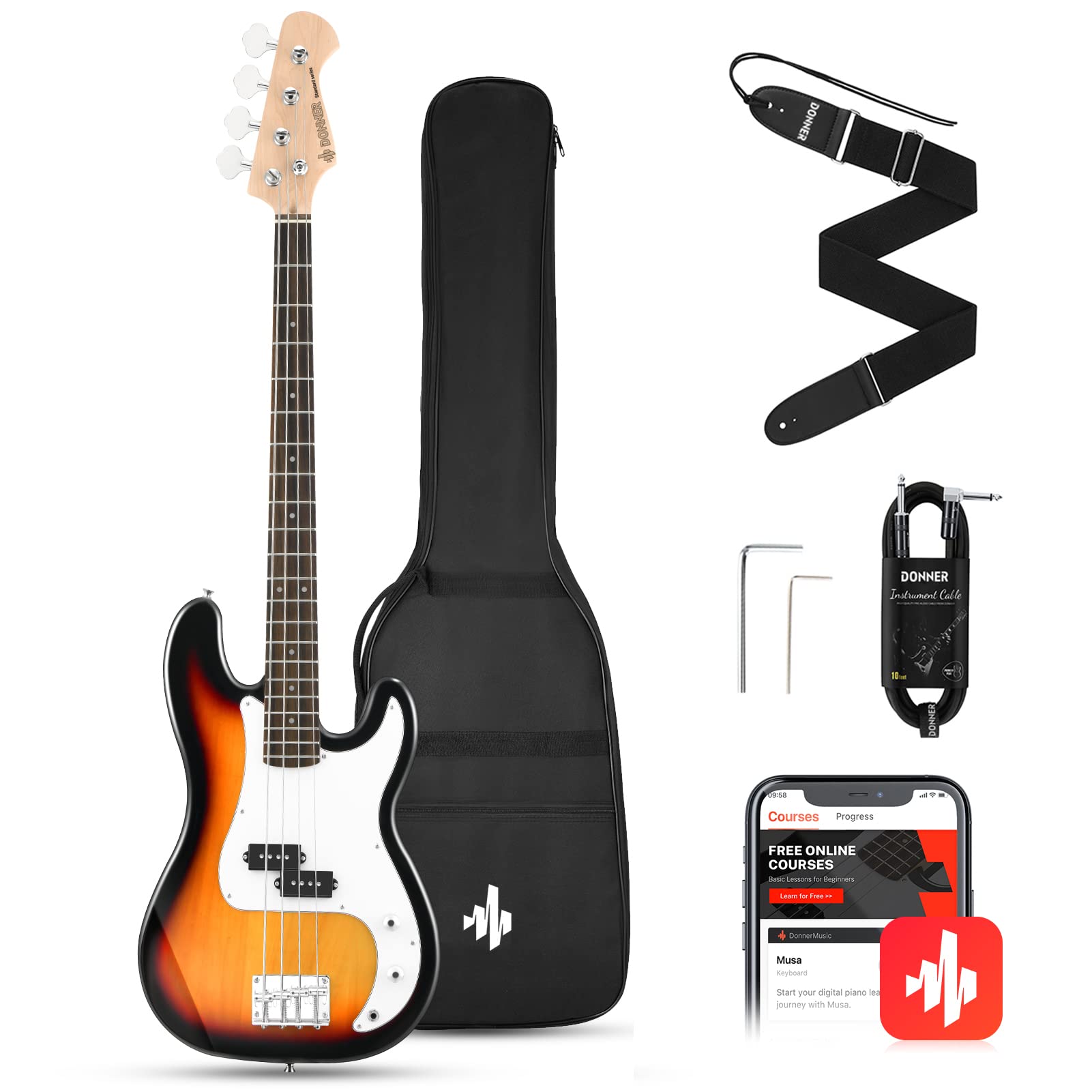 Donner Electric Bass Guitar 4 Strings Full-Size Standard Bass Pb-Style Beginner Kit Sunburst For Starter With Free Online Lesson