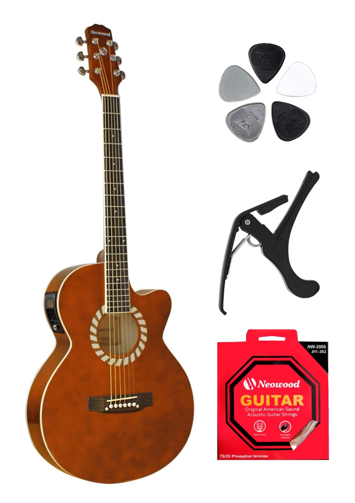 Neowood (Fly-Mge) Electro-Acoustic Guitar With Bag, Plectrums, & Neowood String Set (Coffee)