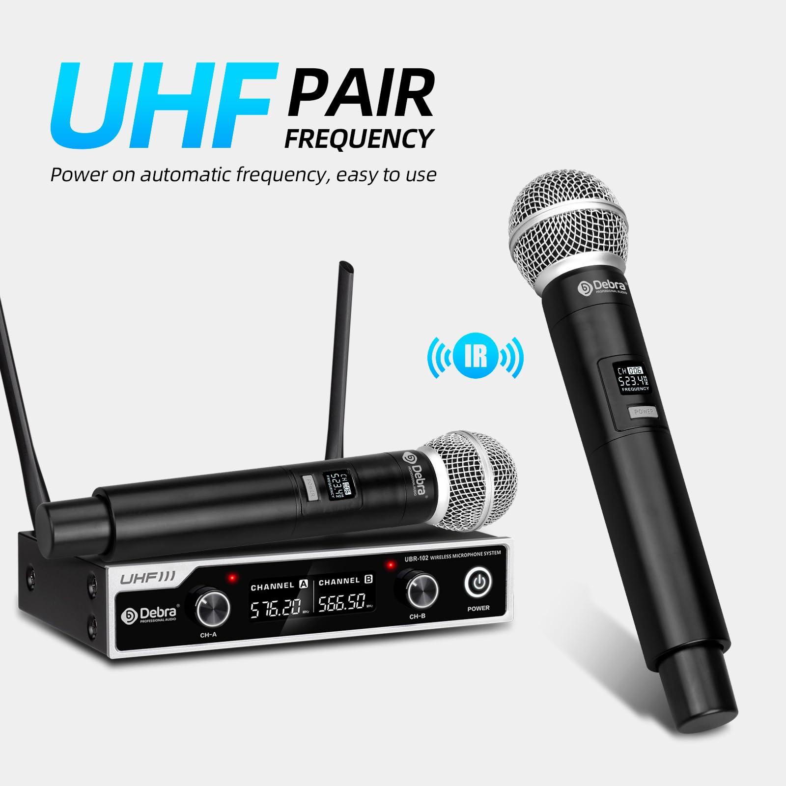 D Debra Wireless Microphone System UHF UBR-102 with Cordless Handheld Lavalier Headset Mics, 260ft Range, Suitable for Church, L