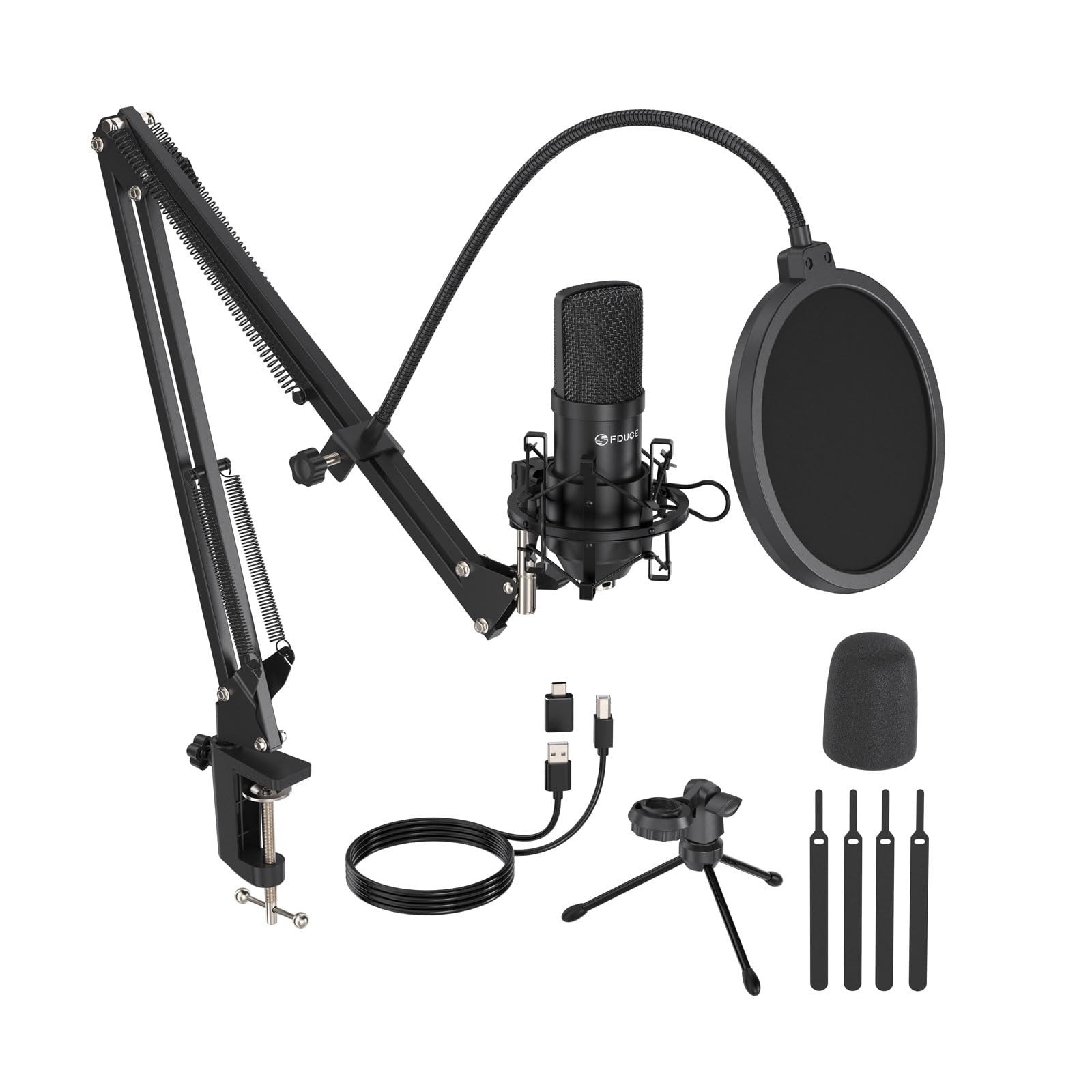 FDUCE Condenser USB Microphone PC Metal Microphone Kit with Adjustable Cantilever Stand Shock Mount Desktop Stand for Instrument