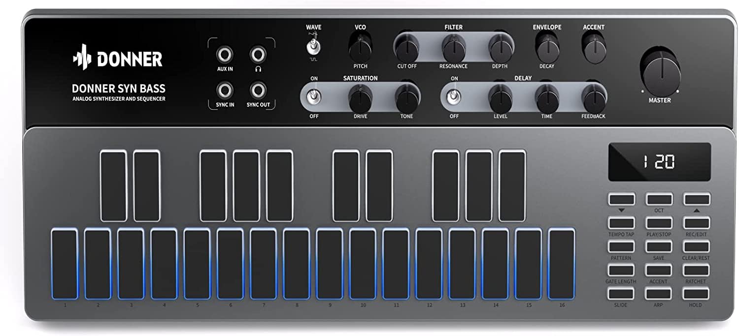 Analog Bass Synthesizer And Sequencer, Donner Essential B1 With Intuitive User Interface, 128 Patterns Memory, Saturation & Dela