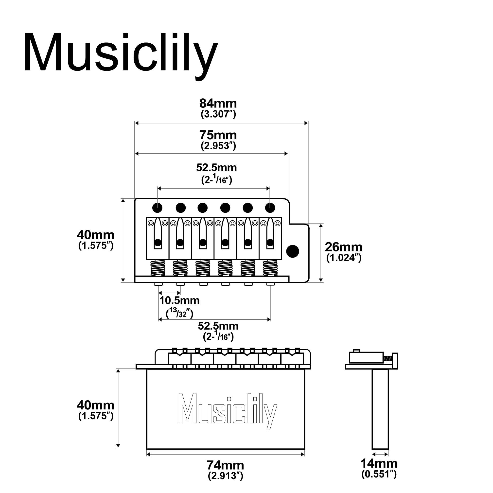 Musiclily Pro 52.5mm Modern 6-Screw Tremolo Bridge 40mm Solid Brass Block for Squier Strat Style Electric Guitar, Gold