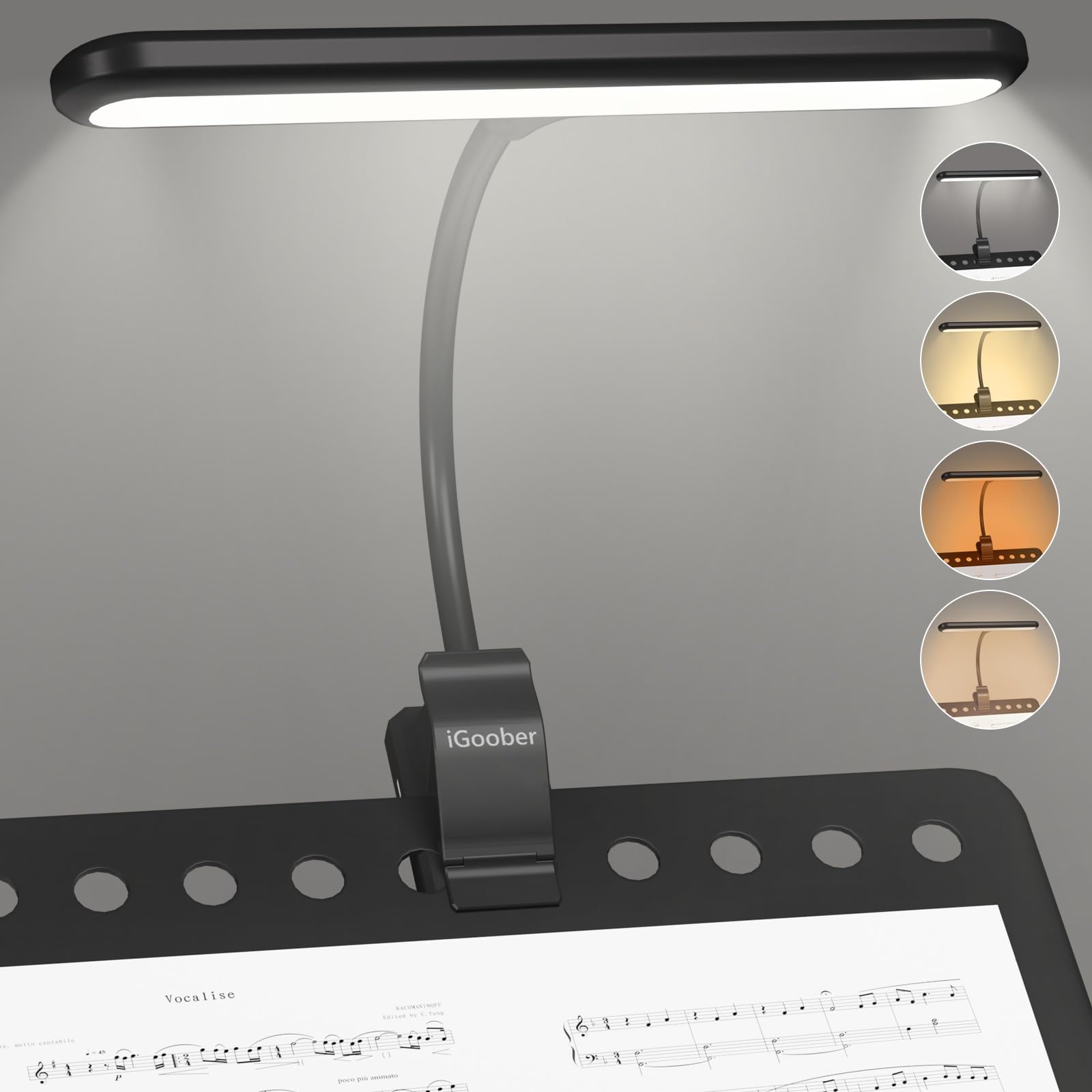 iGoober 28 LED Music Stand Light, Clip on Piano Lights, Eye Caring & Blue Light Blocking, USB-C Rechargeable, 4 Color x 3 Bright