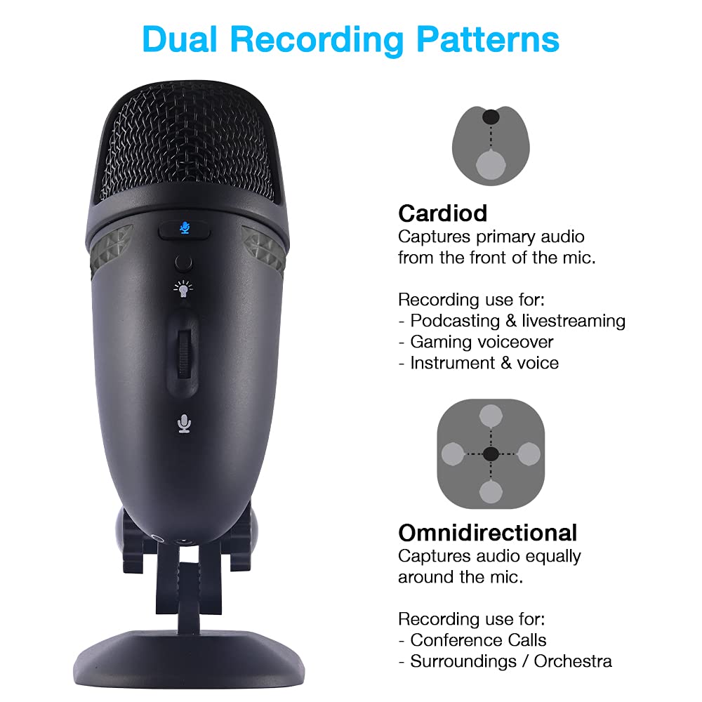 Cyber Acoustics Premium USB Microphone with Dual Recording Patterns - 24-bit Recording Perfect for Podcasting and Vlogging - Com