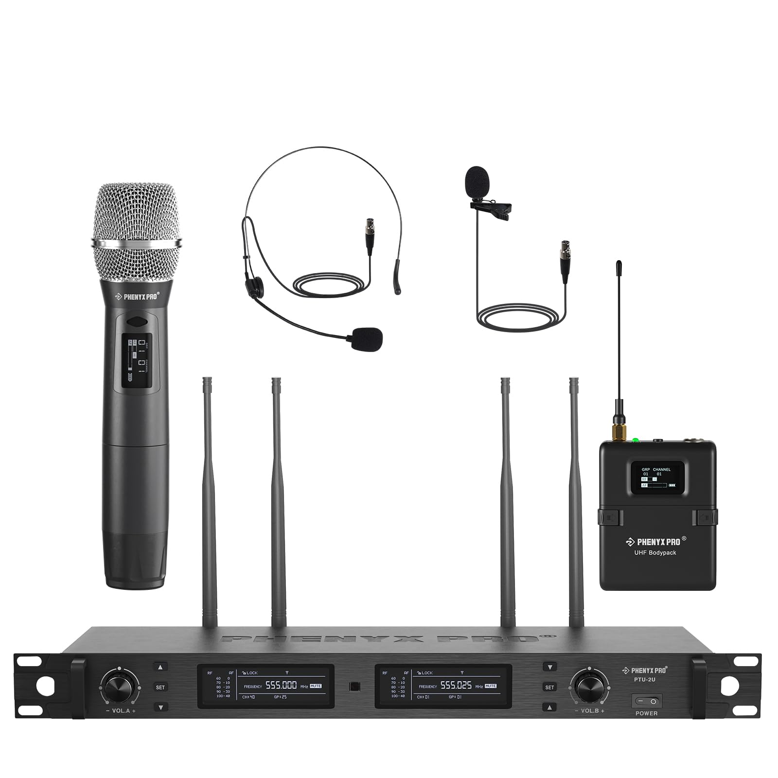 Phenyx Pro Wireless Microphone System, True Diversity Dual Cordless Microphone Set W/Uhf Handheldmicrophone/Bodypack/Headset/Lap