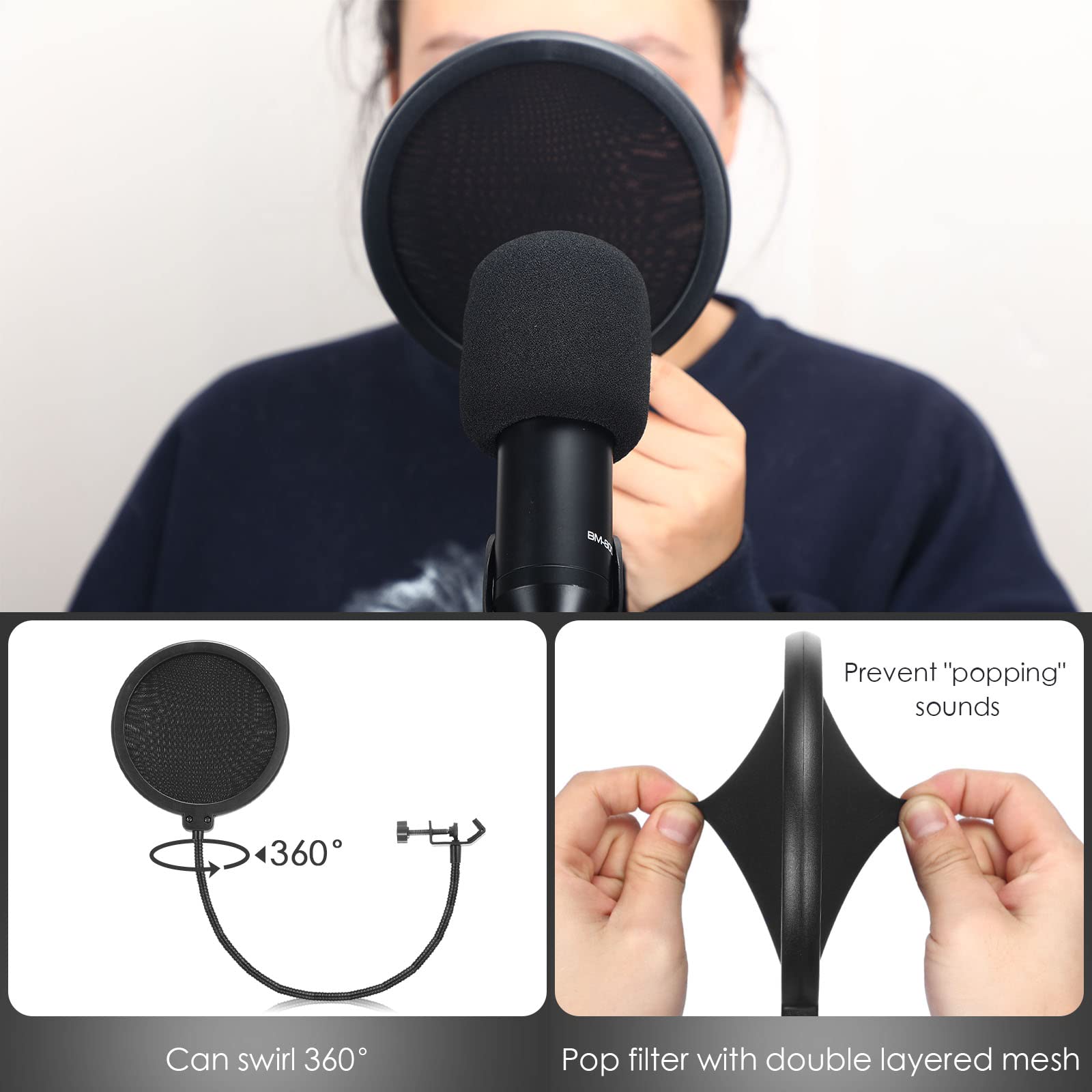 4 Pcs Tripod Microphone Stand Adjustable Boom Height Mic Stand with Mic Clip and Windscreen for Live Stream, Singing, Stage Perf