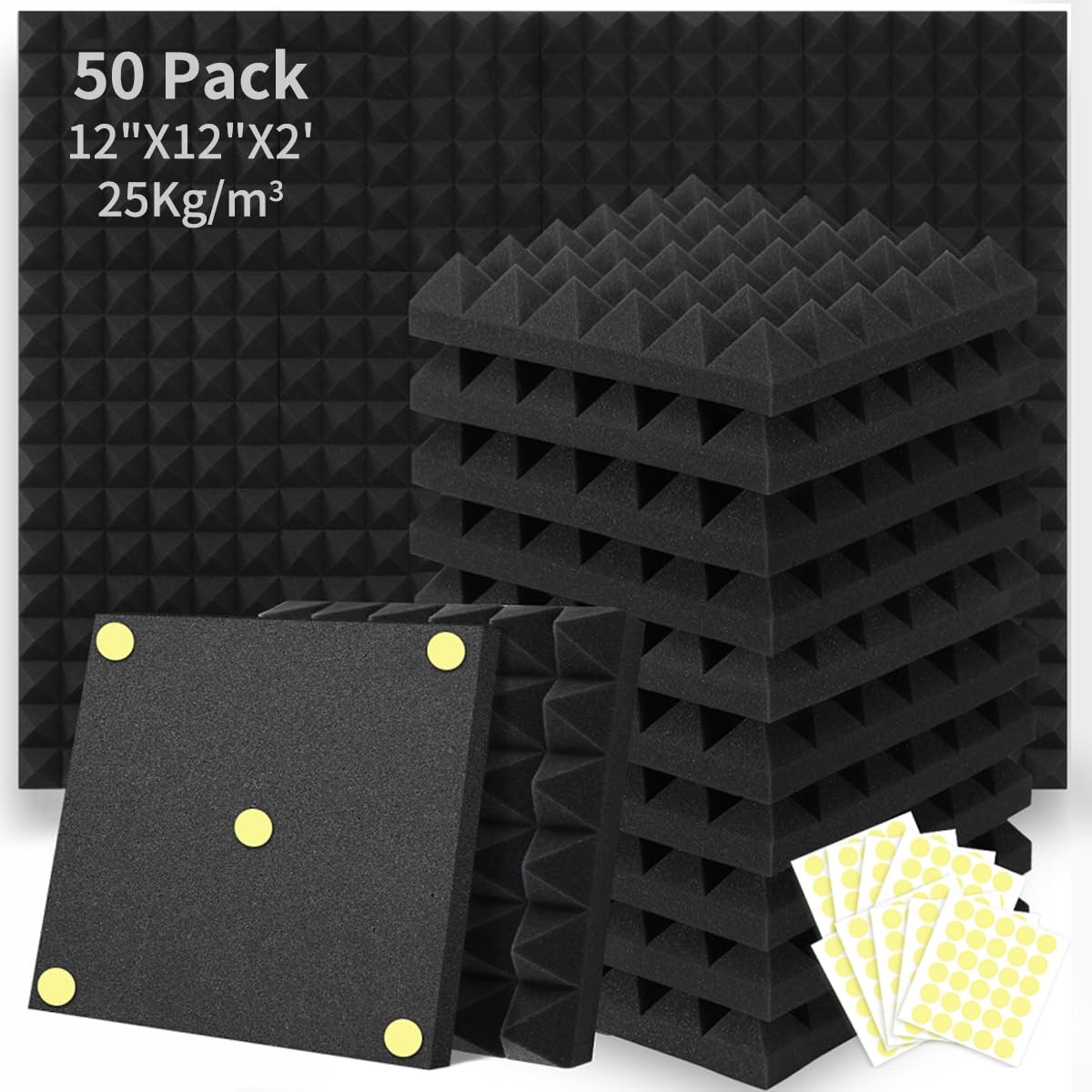 Focusound 50 Packs Acoustic Foam Panels Pyramid 2'' X 12'' X 12'', Soundproofing Foam Noise Cancelling Foam With 300 Pcs Double-