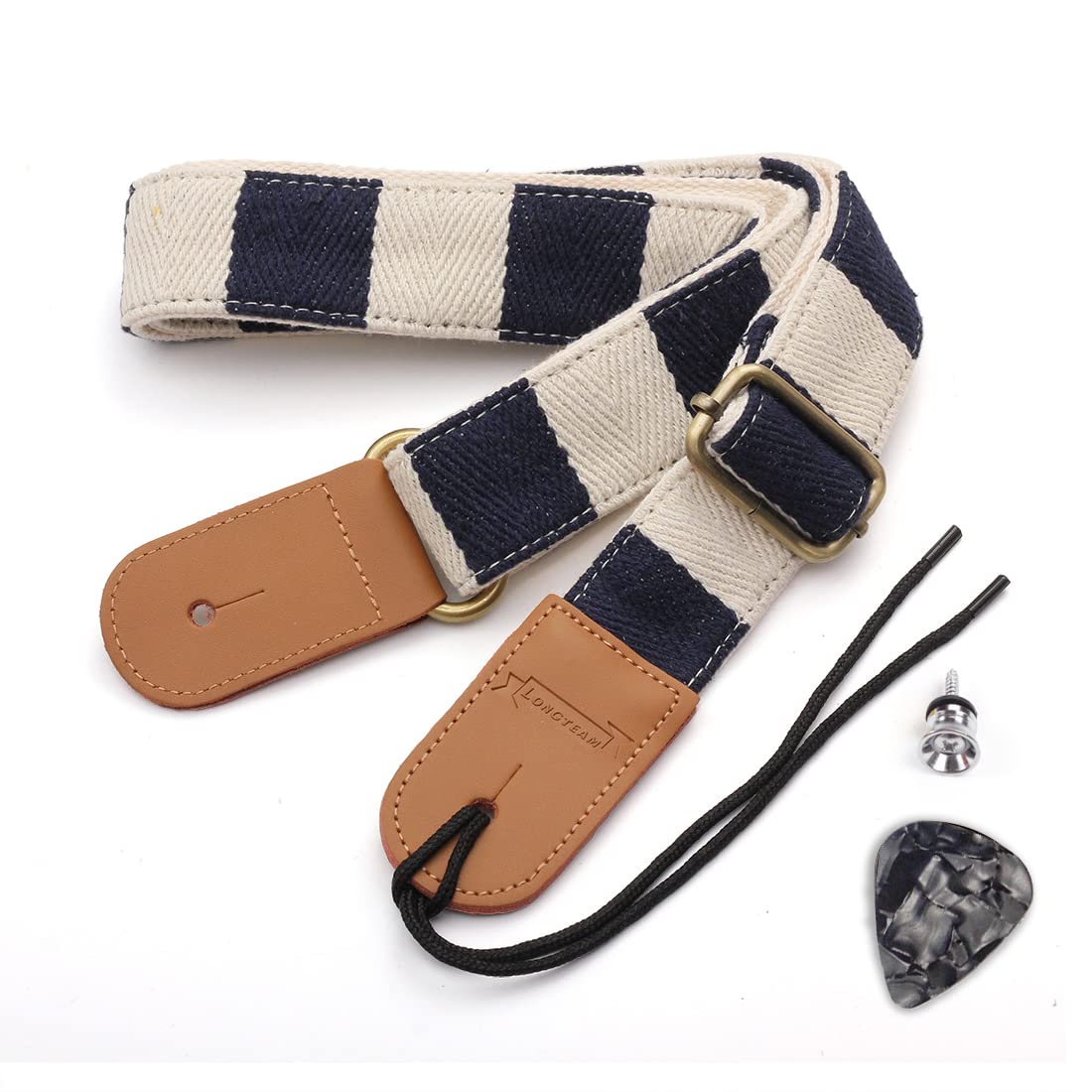 Longteam Simple Linen Leather Ukulele Strap Adjustable Length Durable Uke Straps with Nail, Rope, Picks (Black Stripe)