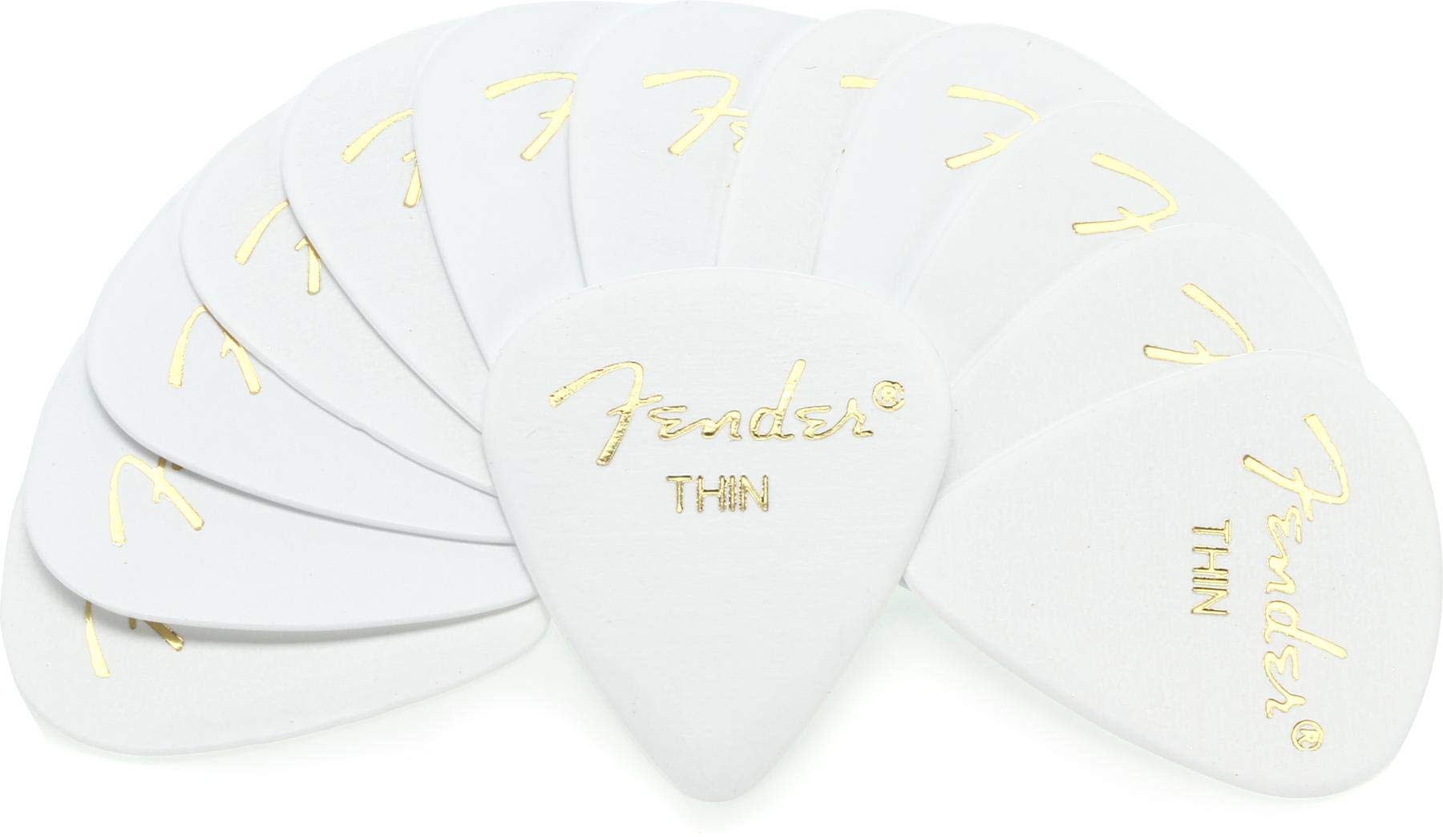 Fender Classic Celluloid Guitar Picks 351 Shape, Guitar Accessories, White, Thin, 12-Pack