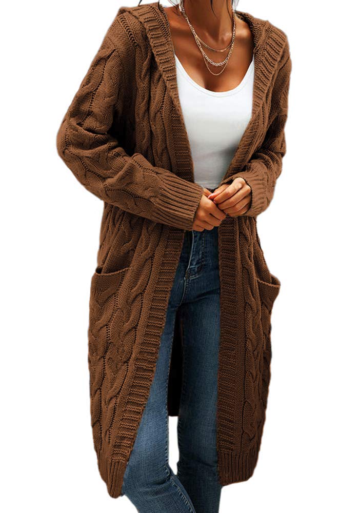 Women Hooded Open Front Cardigan Cable Knit Sweaters Solid Color Chunky Long Sweater Coats Brown