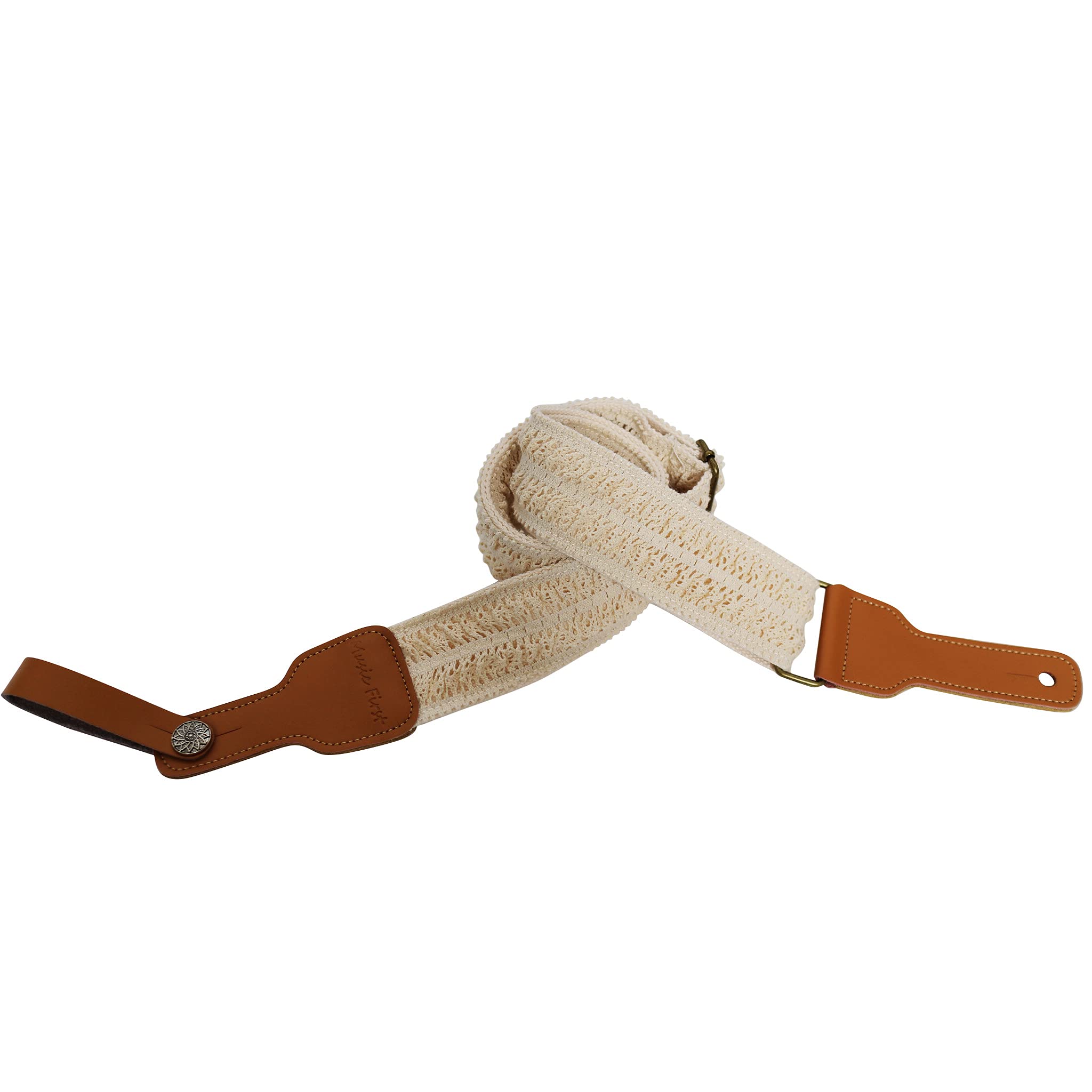 MUSIC FIRST Original Design, 2 inch width (5cm), Cream Graceful & Vintage Lace Soft Lace & Genuine Leather Delux Guitar Strap, E