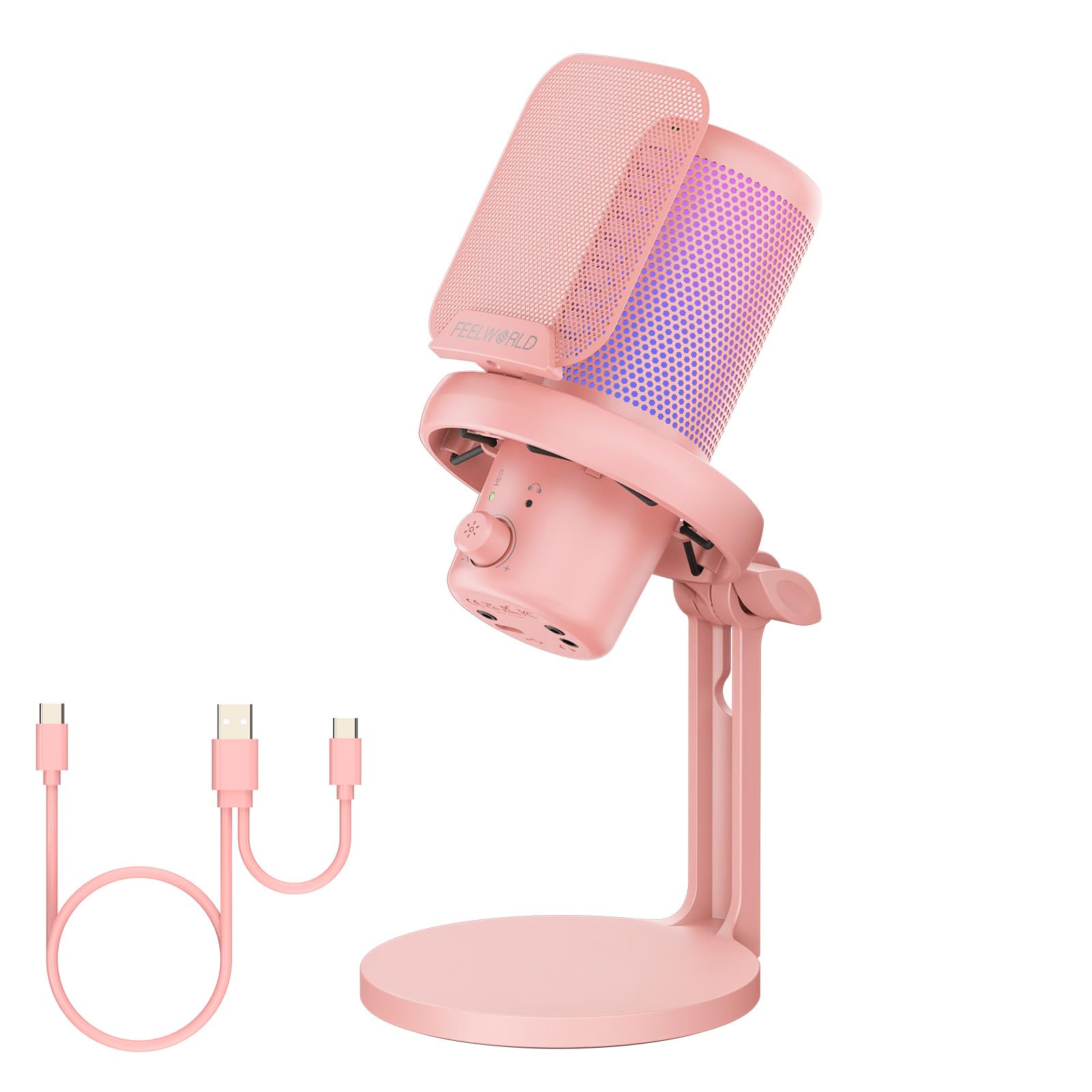 FEELWORLD VM1 Pink Gaming PC USB Microphone Condenser Mic with Noise Cancellation Mute RGB Light, Computer Accessories Gifts for