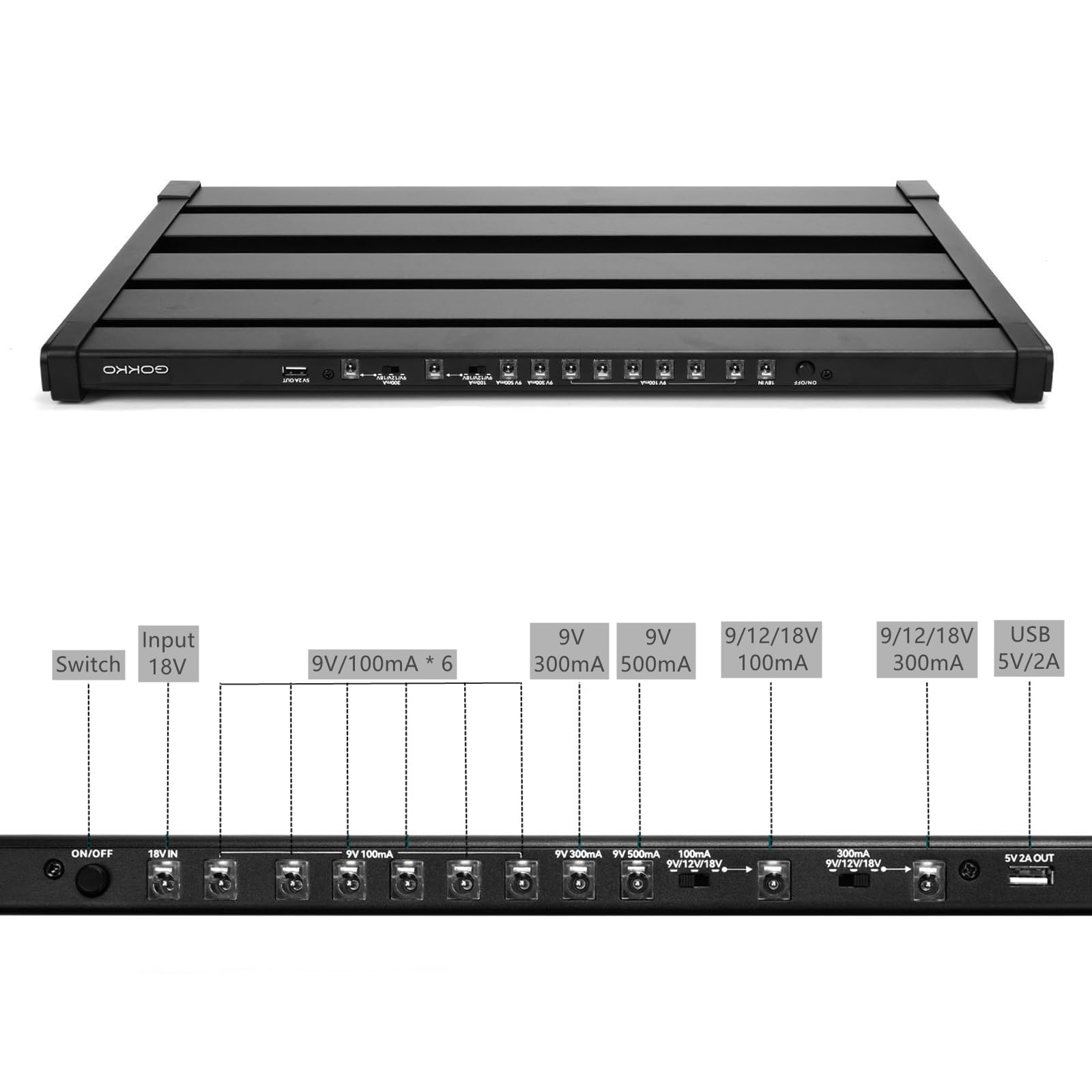 GOKKO 20.5'' x 13.8'' Pedal Board with Integrated Power Supply, Aluminum Folding Powered Guitar Pedalboard with Carry Bag (GK-58