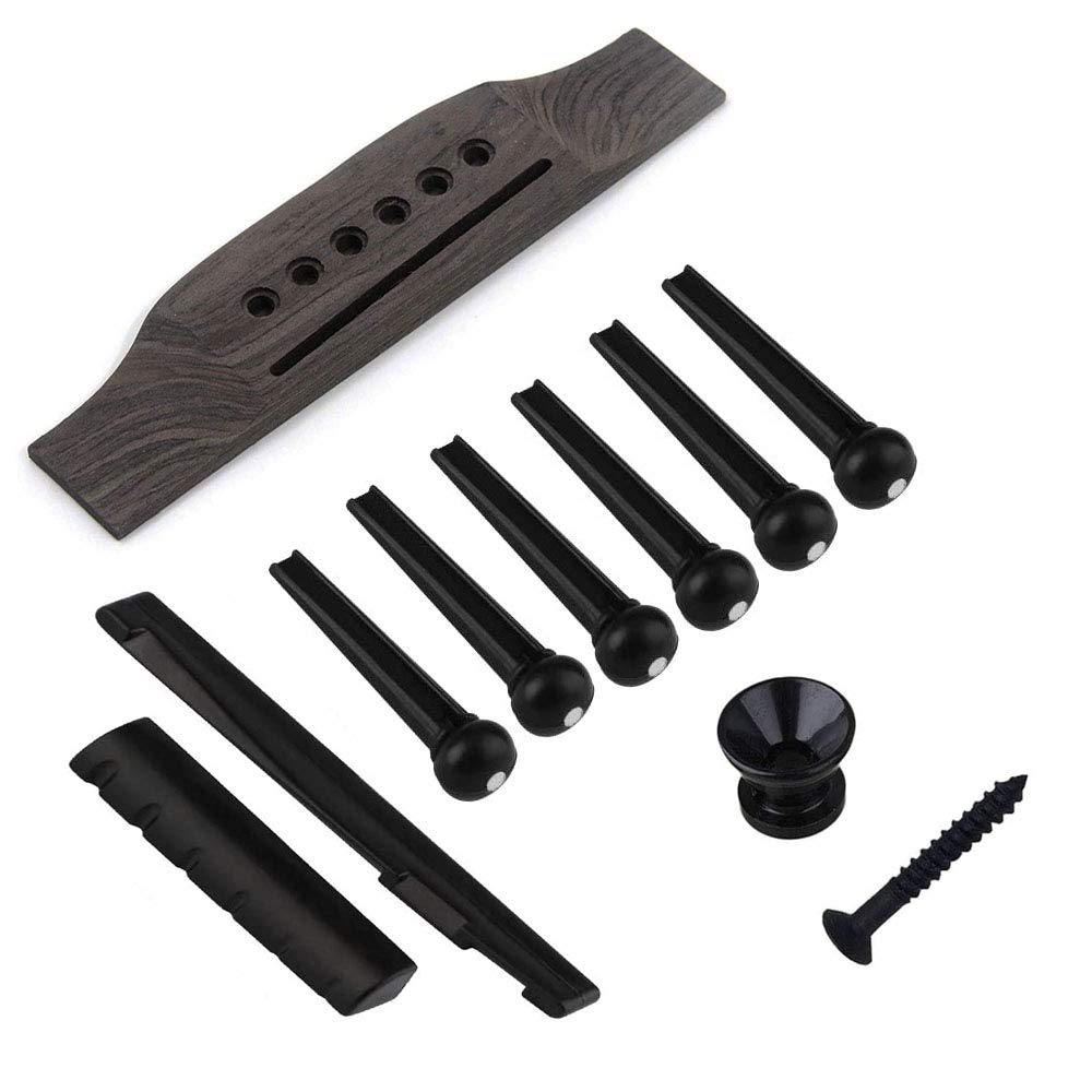 Jiayouy 6 String Acoustic Guitar Rosewood Bridge Saddle Nut Pins Set Including Bridge & Six Bridge Pins & End Pin & Saddle And N