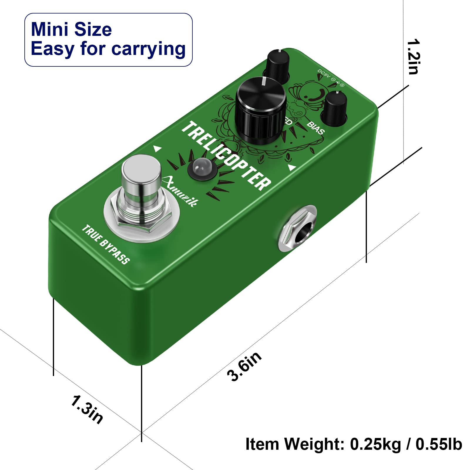 Amuzik Tremolo Guitar Effect Pedal Classic Trelicopter Effects Pedals Analog Tremolo Pedal for Electric Guitar True Bypass Mini