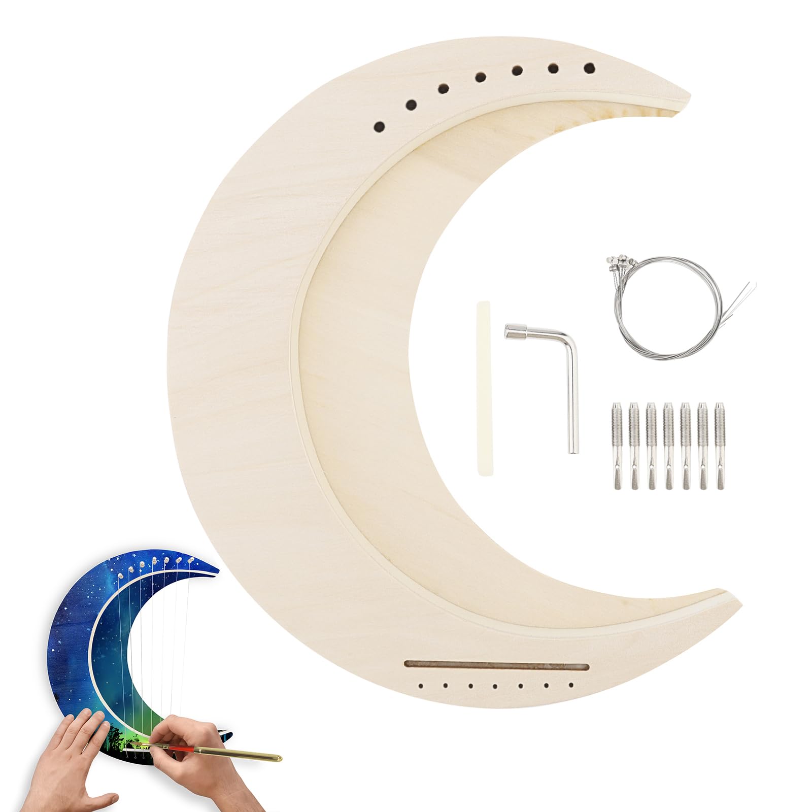 OriGlam Lyre Harp 7 String DIY, Moon Shaped Lyre Harp Musical Instrument, Wood String Instruments, Make Your Own Basswood
