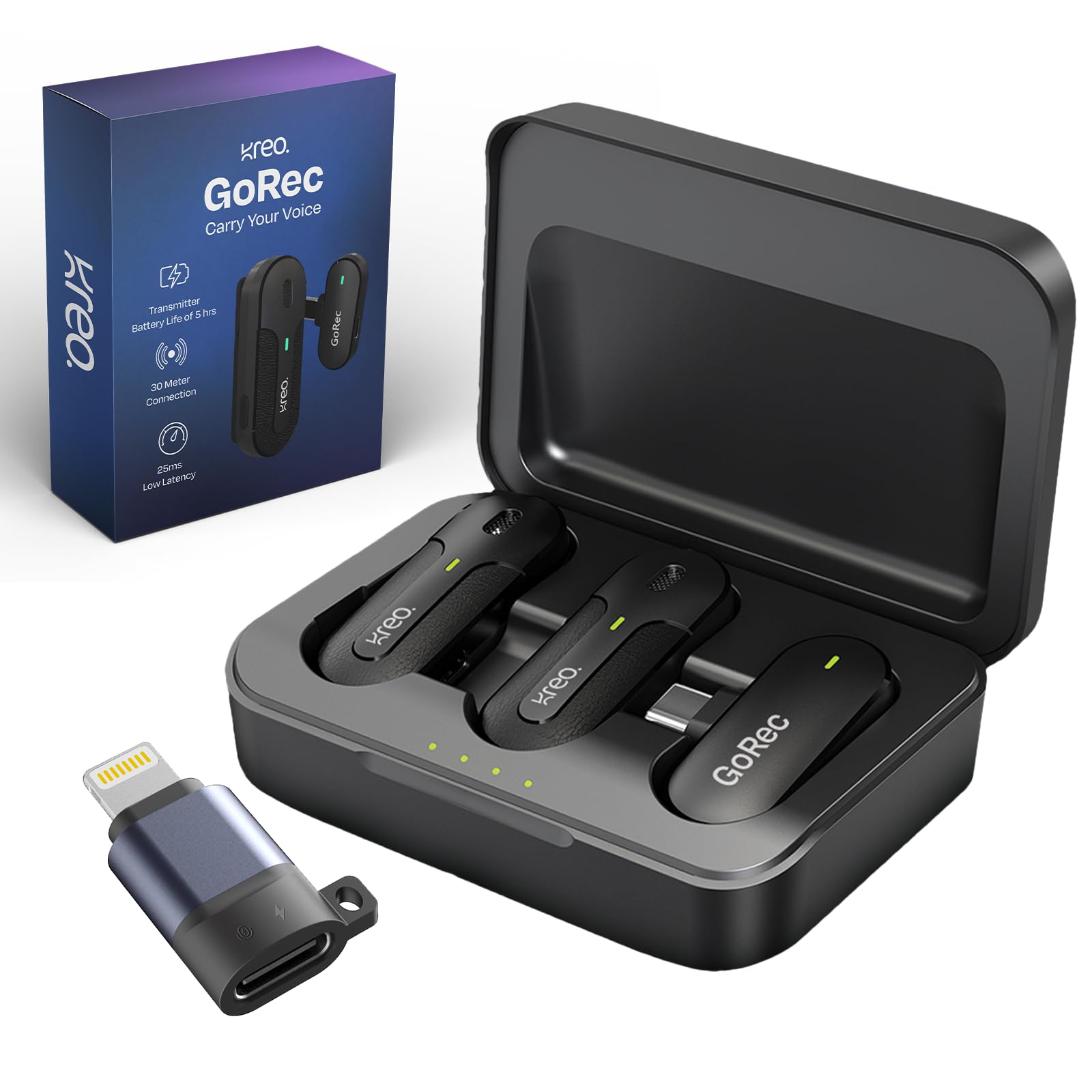 Kreo Wireless Mic, Dual Transmitter With Charging Case, Usb-C & Lightning Support, Long Battery, Ultra-Low Latency, 30M Range, F