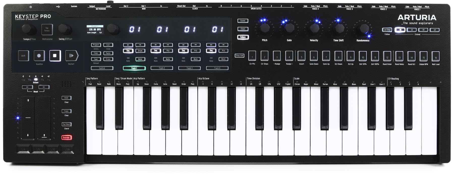 Arturia KeyStep Pro Chroma 37-Key Controller and Unparalleled 4-Track Sequencer and Keyboard with Blue LEDs and Stylish Knob Cap