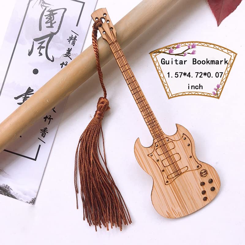 Bamboo Guitar Bookmark with Tassel Bass Bookmarks for Men Women Book Lovers Bass Guitar Band Gifts for Men Women Book Marks Acce