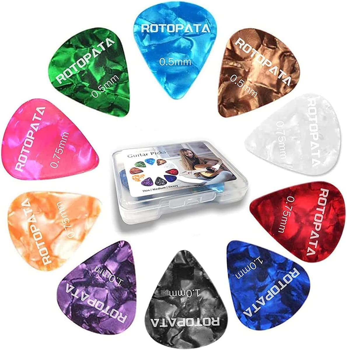 60 Pack Guitar Picks With Organizer Storage Box, 0.5 0.58 0.75 0.84 1.0 1.2Mm Includes Thin Medium Heavy Thickness & Variety Col