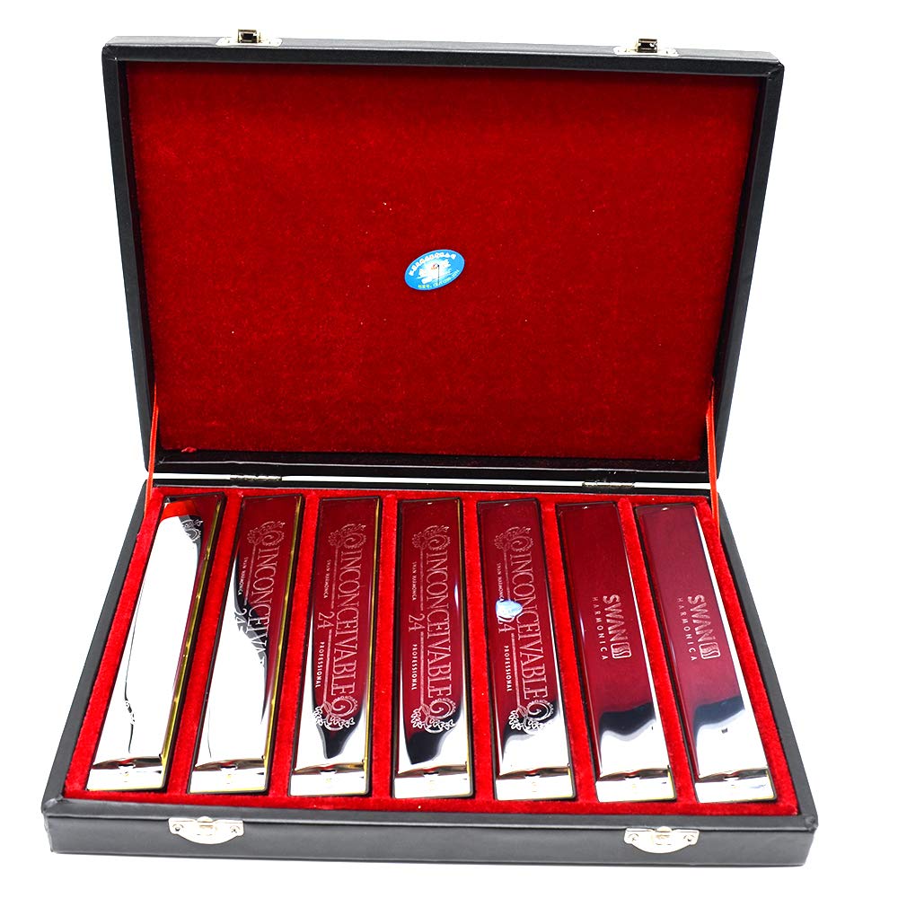Swan 24-Hole Polyphonic Harmonica 7 Sets Silver C D E F G A B Professional Performance Set For Adults Beginners Students Kids, P